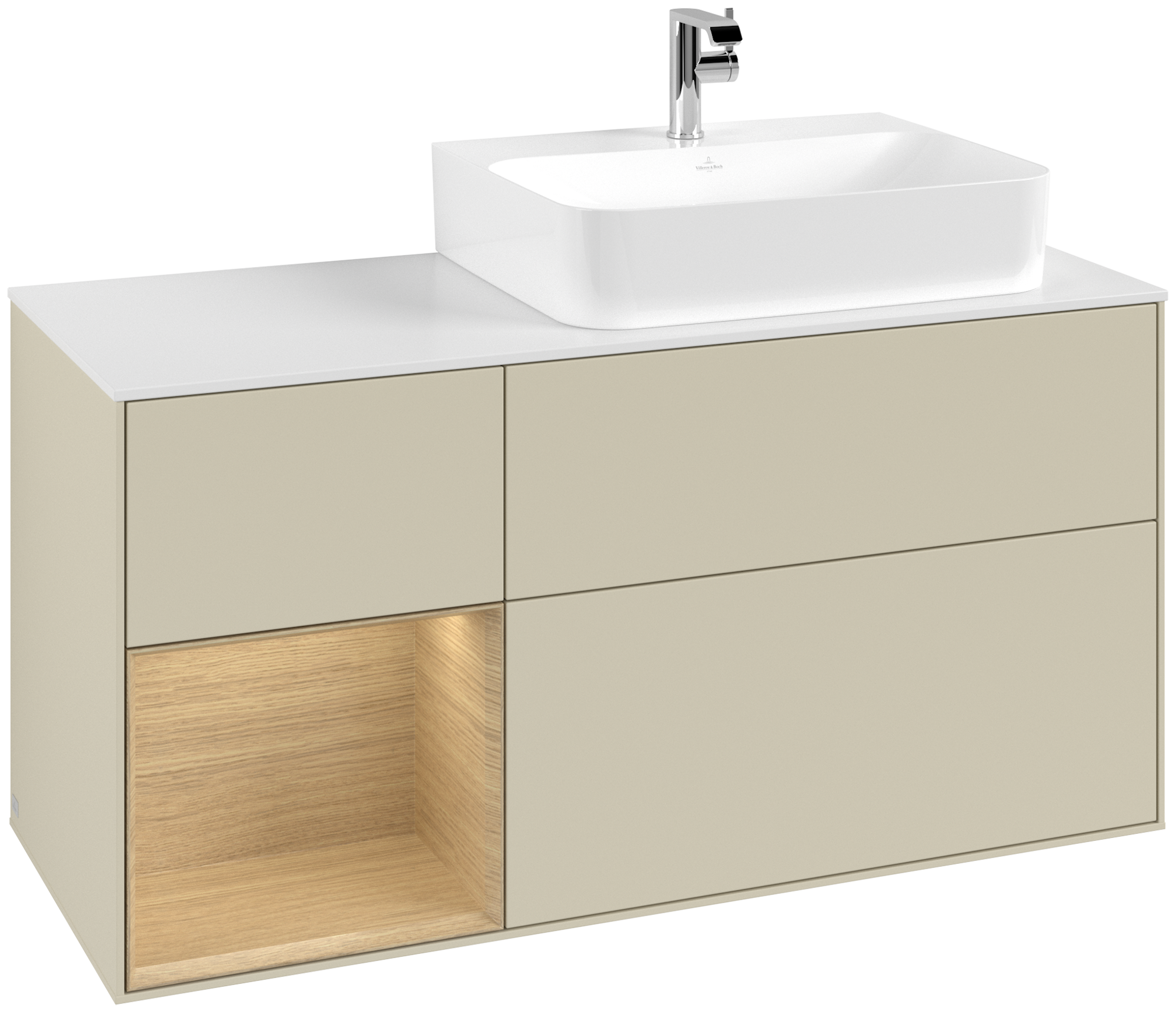 Villeroy & Boch Finion Modulo bajo, con iluminación, 3 compartimentos extraíbles, 1200x603x501mm, Cuerpo: Silk Grey Matt Lacquer, Frontal: Silk Grey Matt Lacquer, Estante: Oak Veneer, Placa de cubierta: Glass White Matt