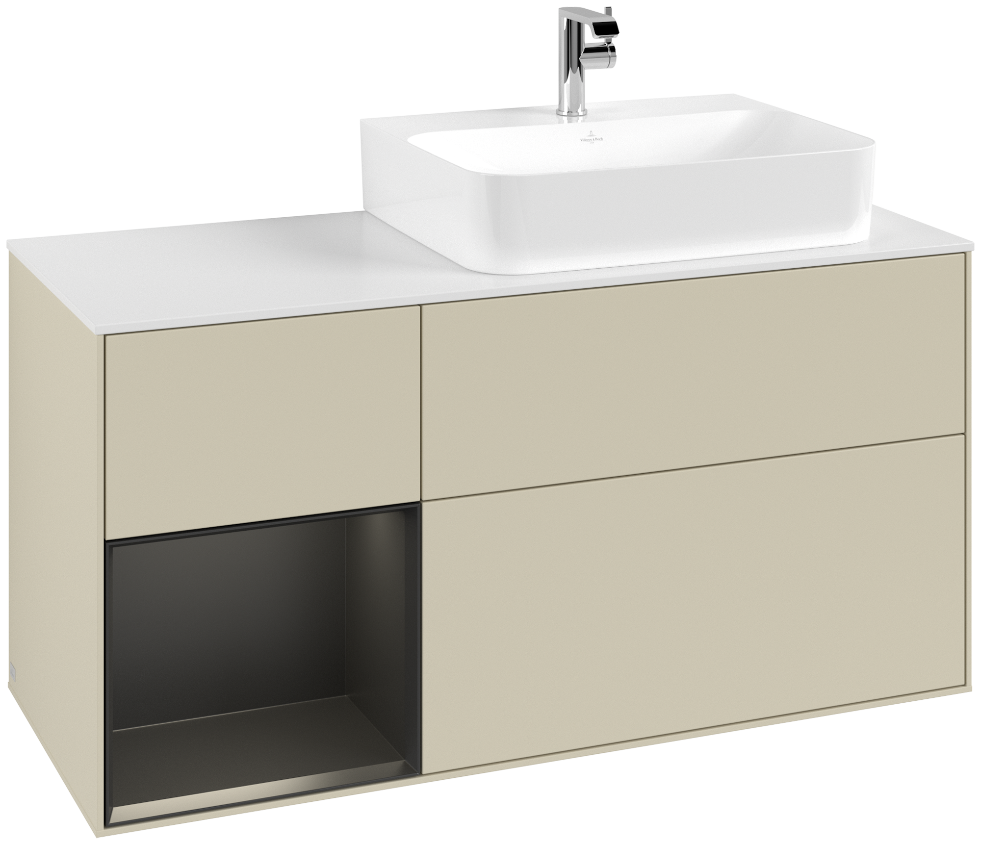 Villeroy & Boch Finion Modulo bajo, con iluminación, 3 compartimentos extraíbles, 1200x603x501mm, Cuerpo: Silk Grey Matt Lacquer, Frontal: Silk Grey Matt Lacquer, Estante: Black Matt Lacquer, Placa de cubierta: Glass White Matt