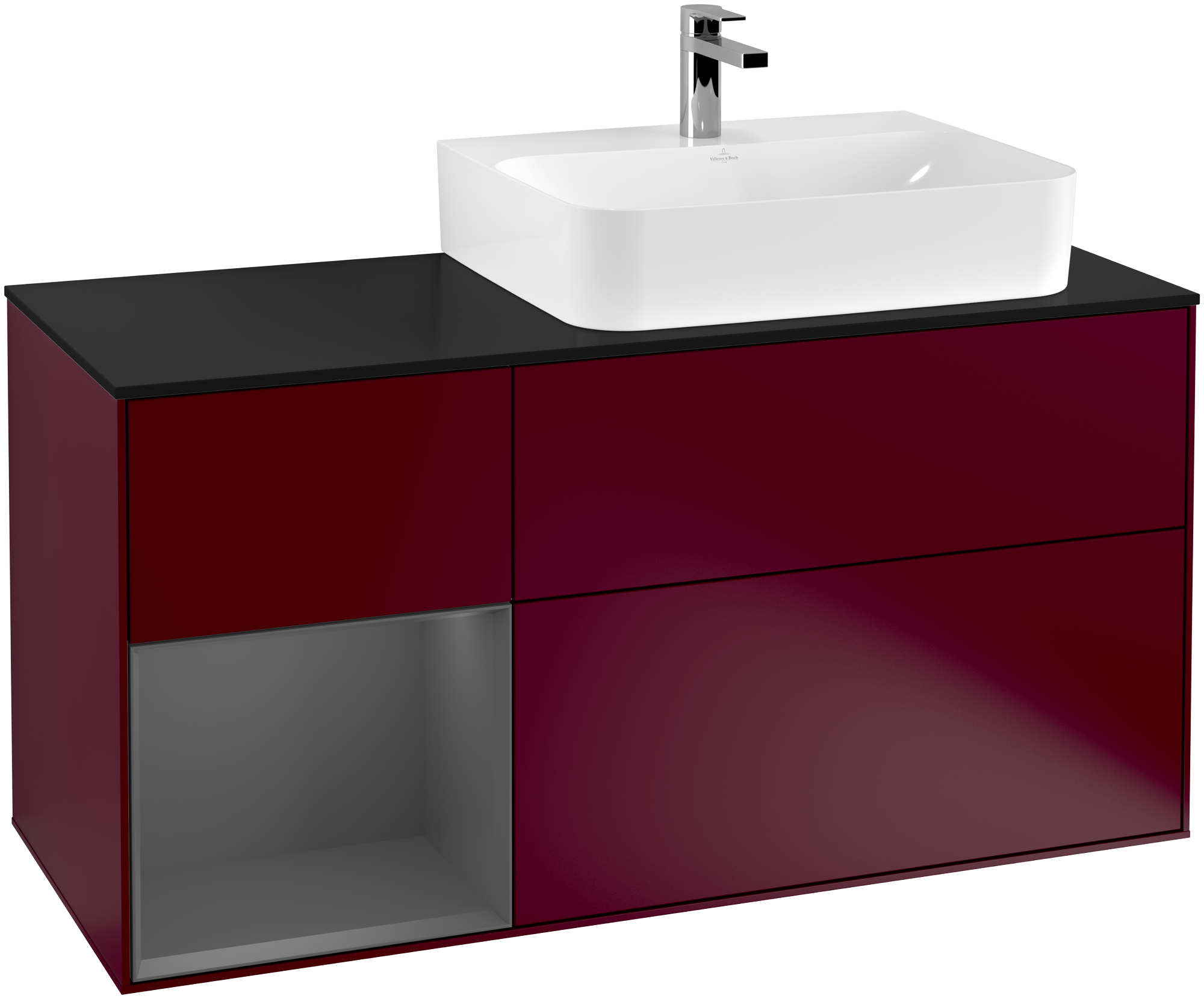 Villeroy & Boch Finion Vanity unit, with lighting, 3 pull-out compartments, 1200x603x501mm, Body: Peony Matt Lacquer, Front: Peony Matt Lacquer, Shelf: Anthracite Matt Lacquer, Cover plate: Glass Black Matt