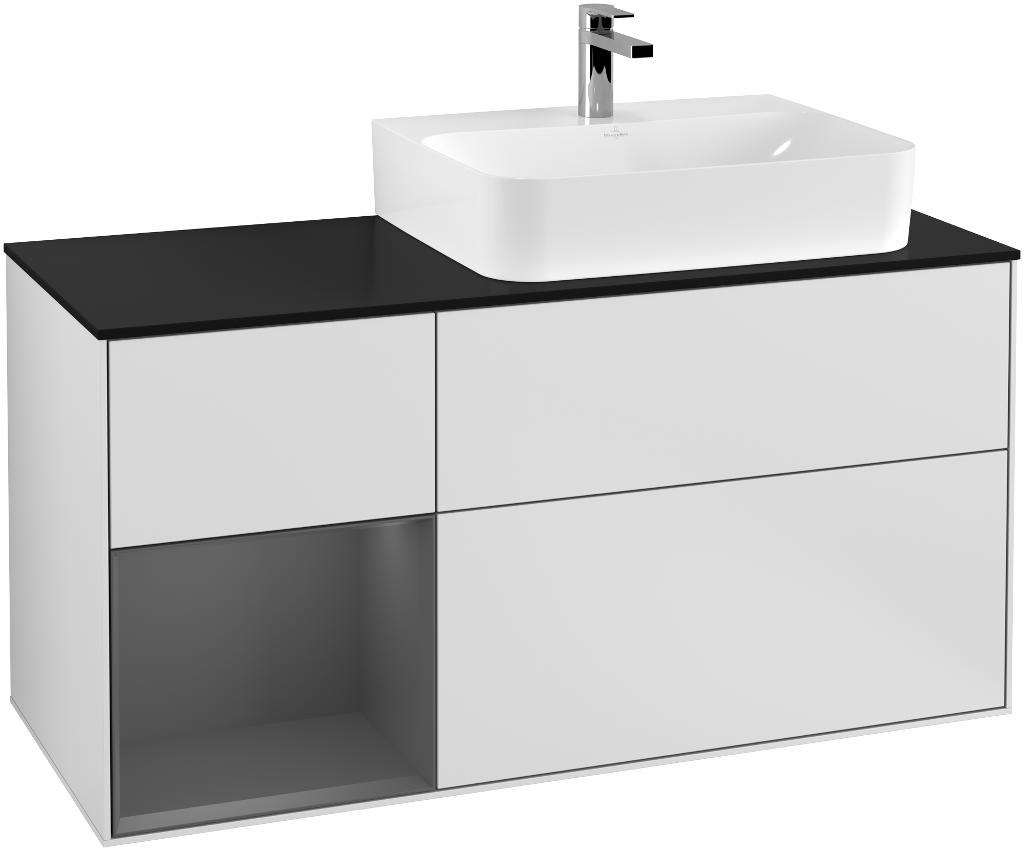 Villeroy & Boch Finion Vanity unit, with lighting, 3 pull-out compartments, 1200x603x501mm, Body: White Matt Lacquer, Front: White Matt Lacquer, Shelf: Anthracite Matt Lacquer, Cover plate: Glass Black Matt
