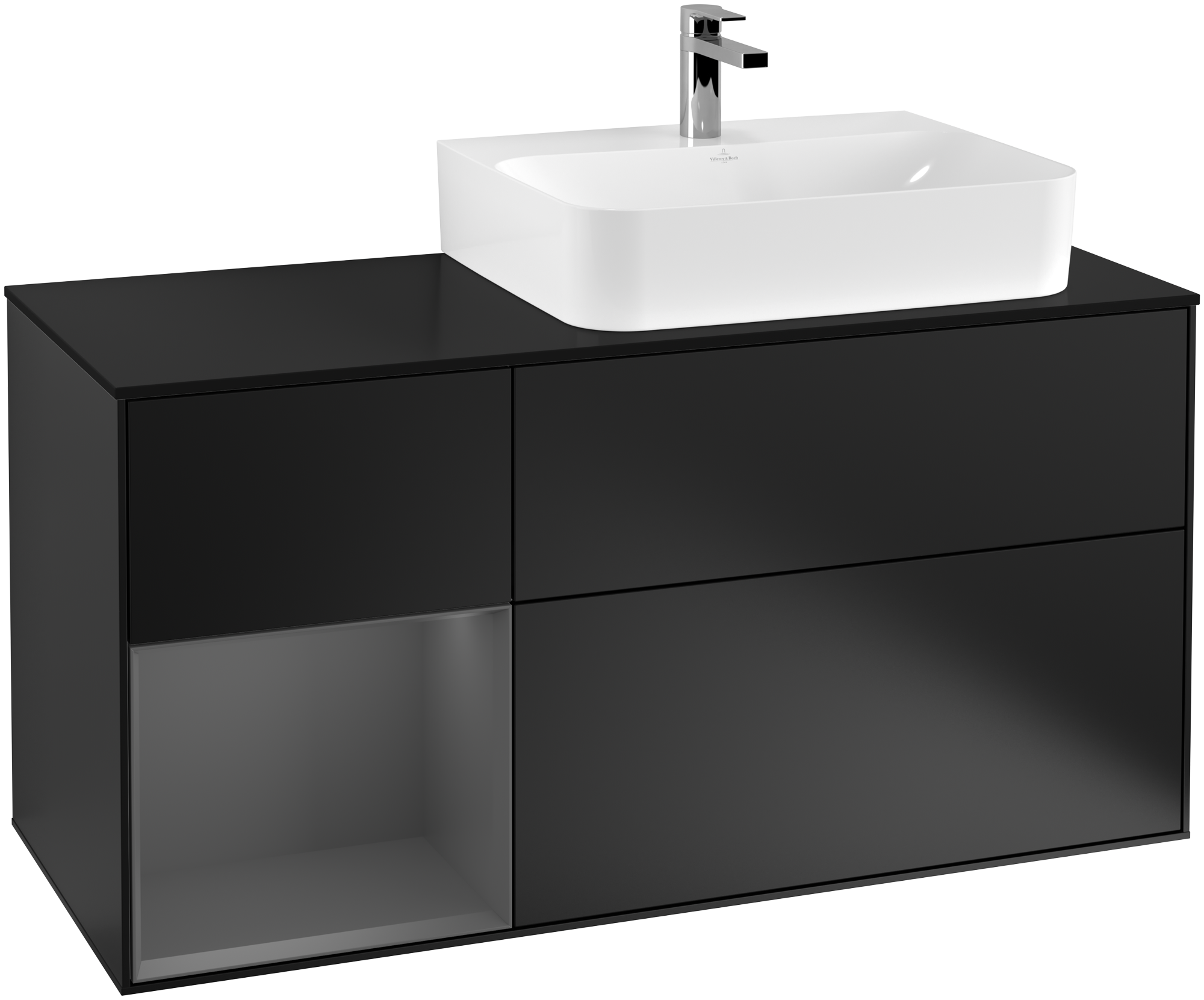 Villeroy & Boch Finion Vanity unit, with lighting, 3 pull-out compartments, 1200x603x501mm, Body: Black Matt Lacquer, Front: Black Matt Lacquer, Shelf: Anthracite Matt Lacquer, Cover plate: Glass Black Matt