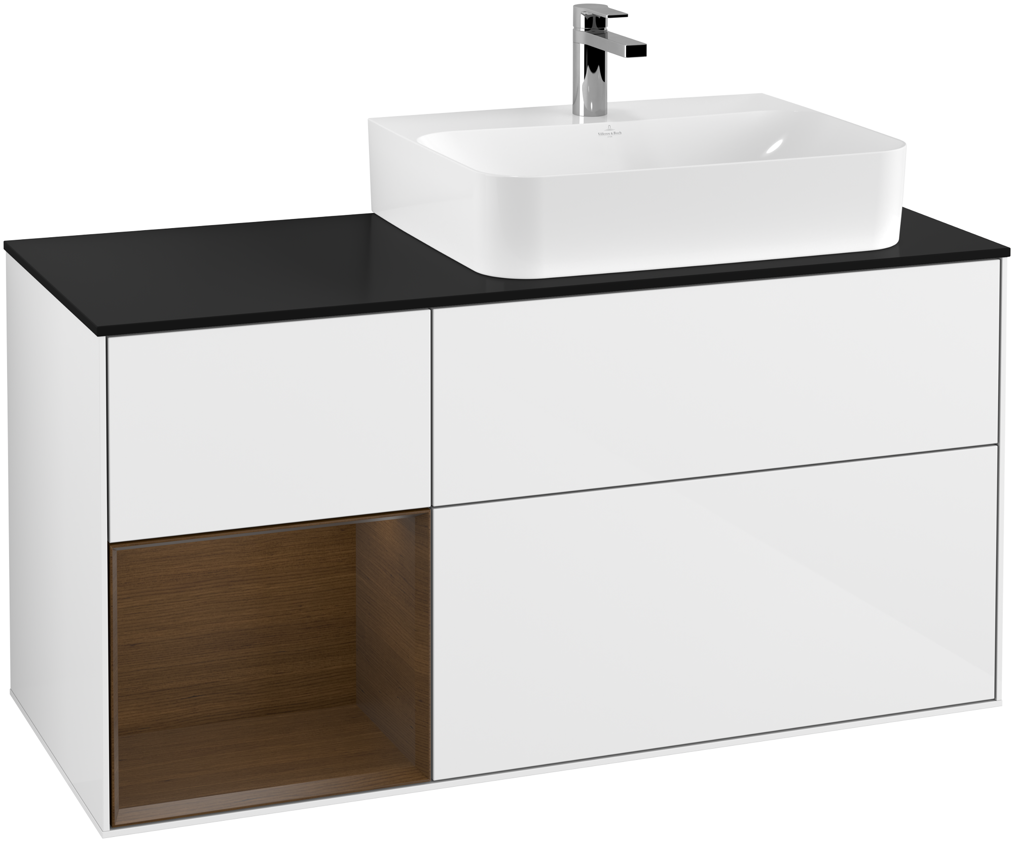 Villeroy & Boch Finion Vanity unit, with lighting, 3 pull-out compartments, 1200x603x501mm, Body: Glossy White Lacquer, Front: Glossy White Lacquer, Shelf: Walnut Veneer, Cover plate: Glass Black Matt