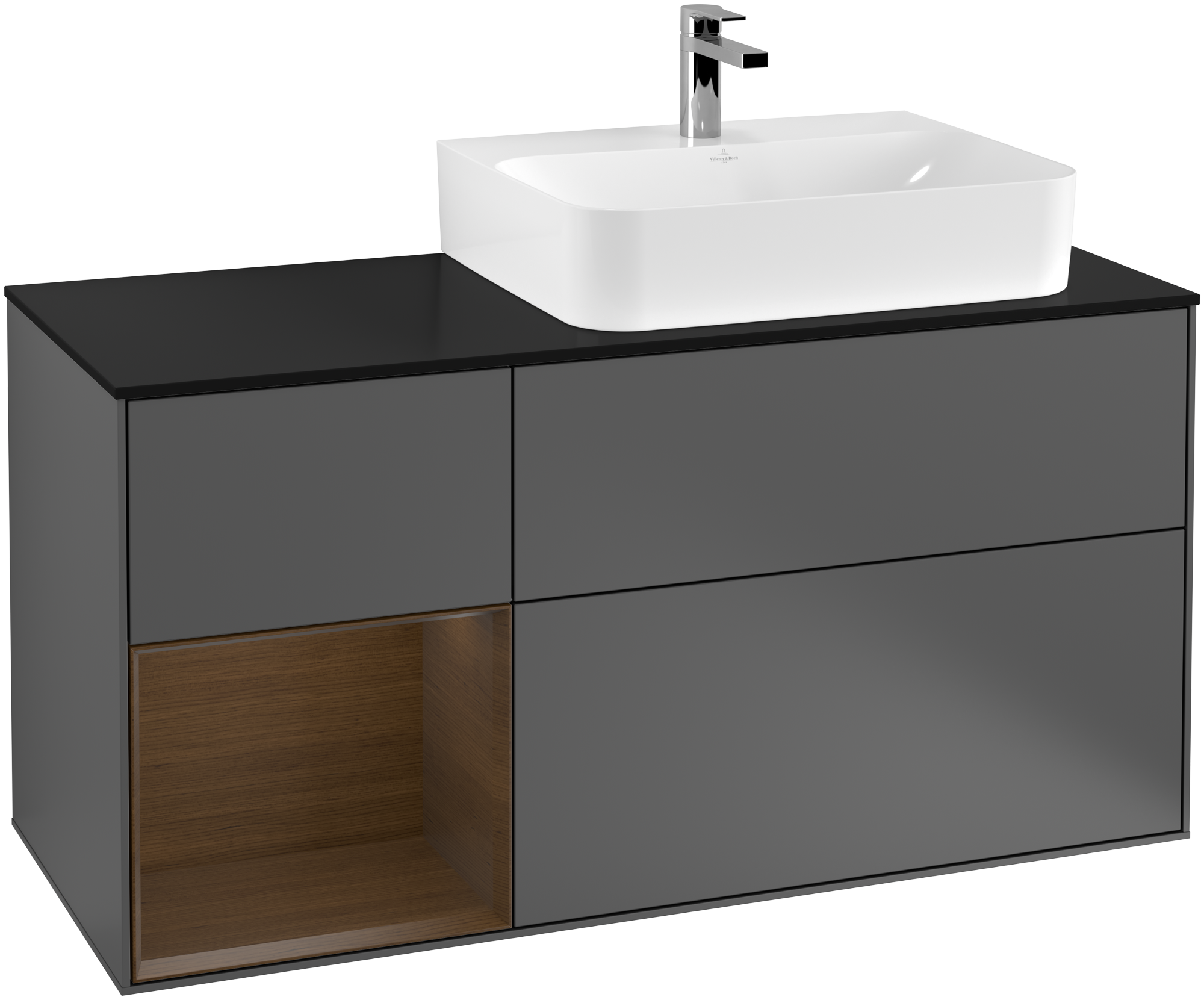 Villeroy & Boch Finion Vanity unit, with lighting, 3 pull-out compartments, 1200x603x501mm, Body: Anthracite Matt Lacquer, Front: Anthracite Matt Lacquer, Shelf: Walnut Veneer, Cover plate: Glass Black Matt