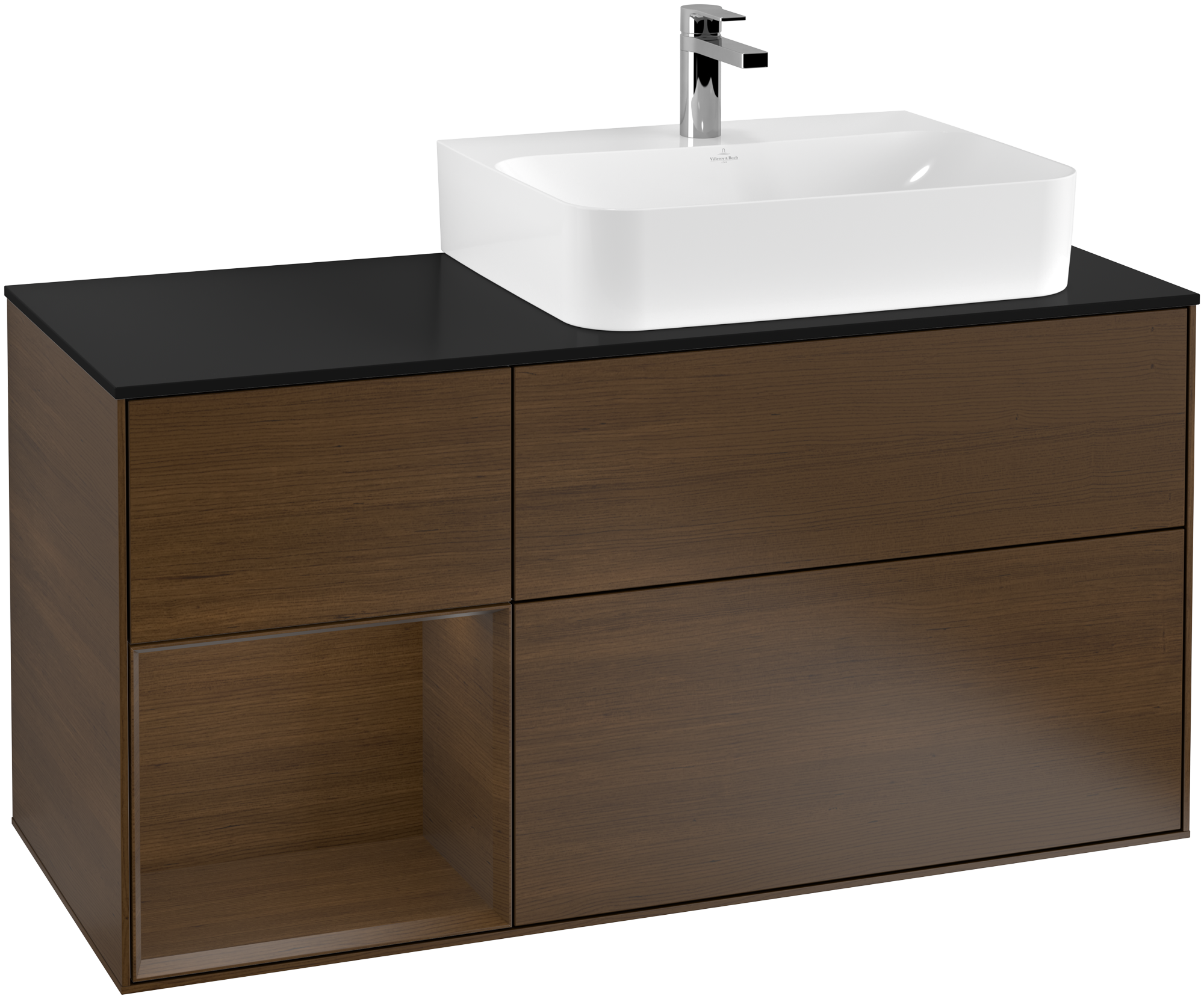 Villeroy & Boch Finion Vanity unit, with lighting, 3 pull-out compartments, 1200x603x501mm, Body: Walnut Veneer, Front: Walnut Veneer, Shelf: Walnut Veneer, Cover plate: Glass Black Matt
