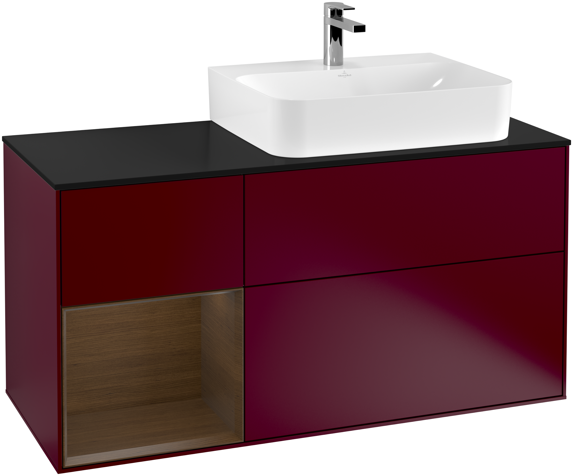Villeroy & Boch Finion Vanity unit, with lighting, 3 pull-out compartments, 1200x603x501mm, Body: Peony Matt Lacquer, Front: Peony Matt Lacquer, Shelf: Walnut Veneer, Cover plate: Glass Black Matt