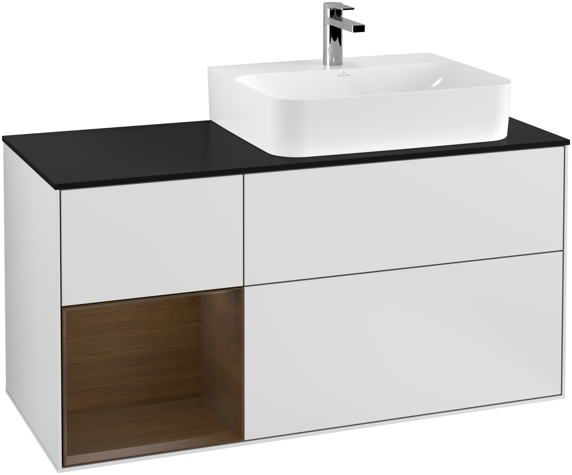 Villeroy & Boch Finion Vanity unit, with lighting, 3 pull-out compartments, 1200x603x501mm, Body: White Matt Lacquer, Front: White Matt Lacquer, Shelf: Walnut Veneer, Cover plate: Glass Black Matt