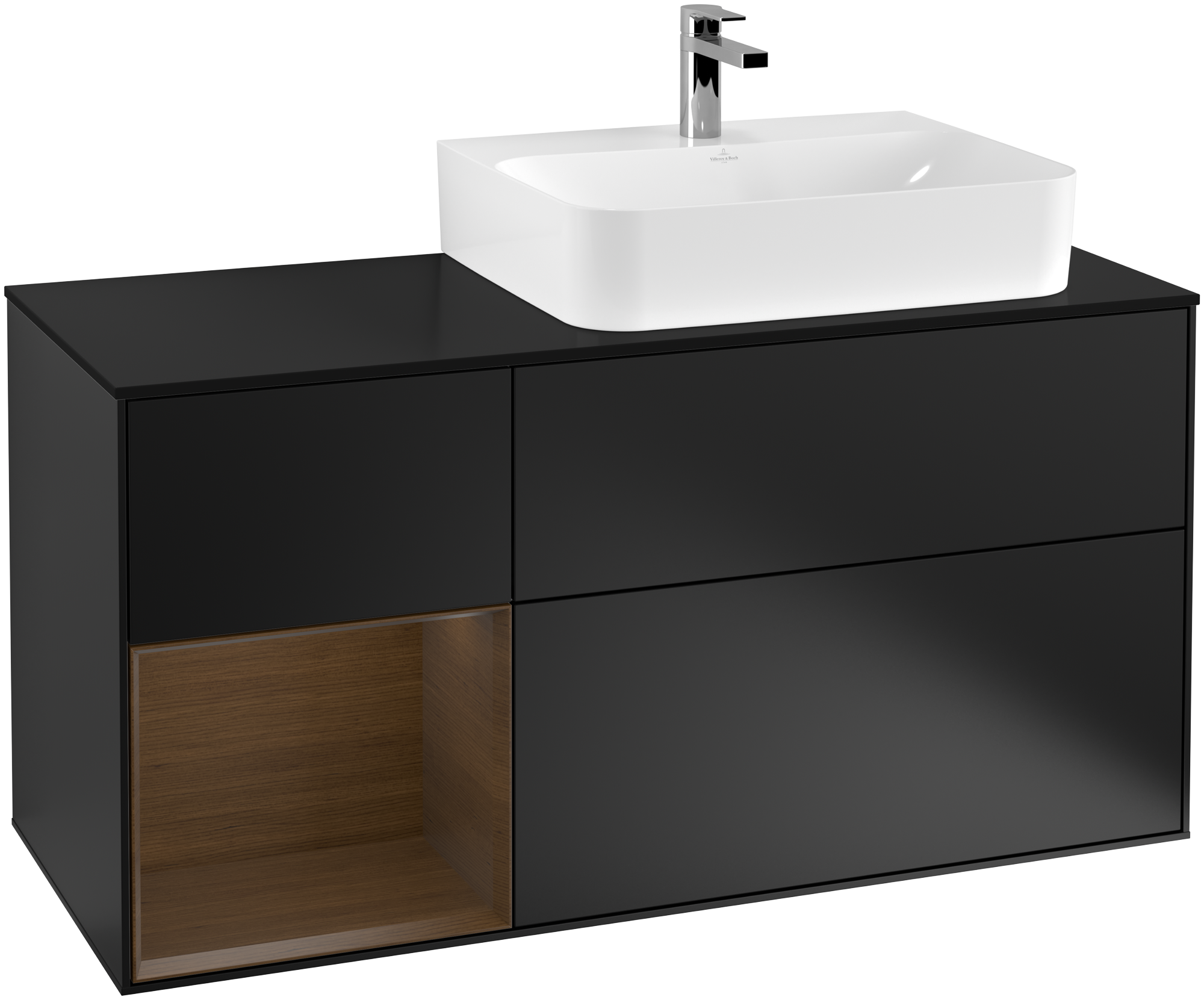Villeroy & Boch Finion Vanity unit, with lighting, 3 pull-out compartments, 1200x603x501mm, Body: Black Matt Lacquer, Front: Black Matt Lacquer, Shelf: Walnut Veneer, Cover plate: Glass Black Matt