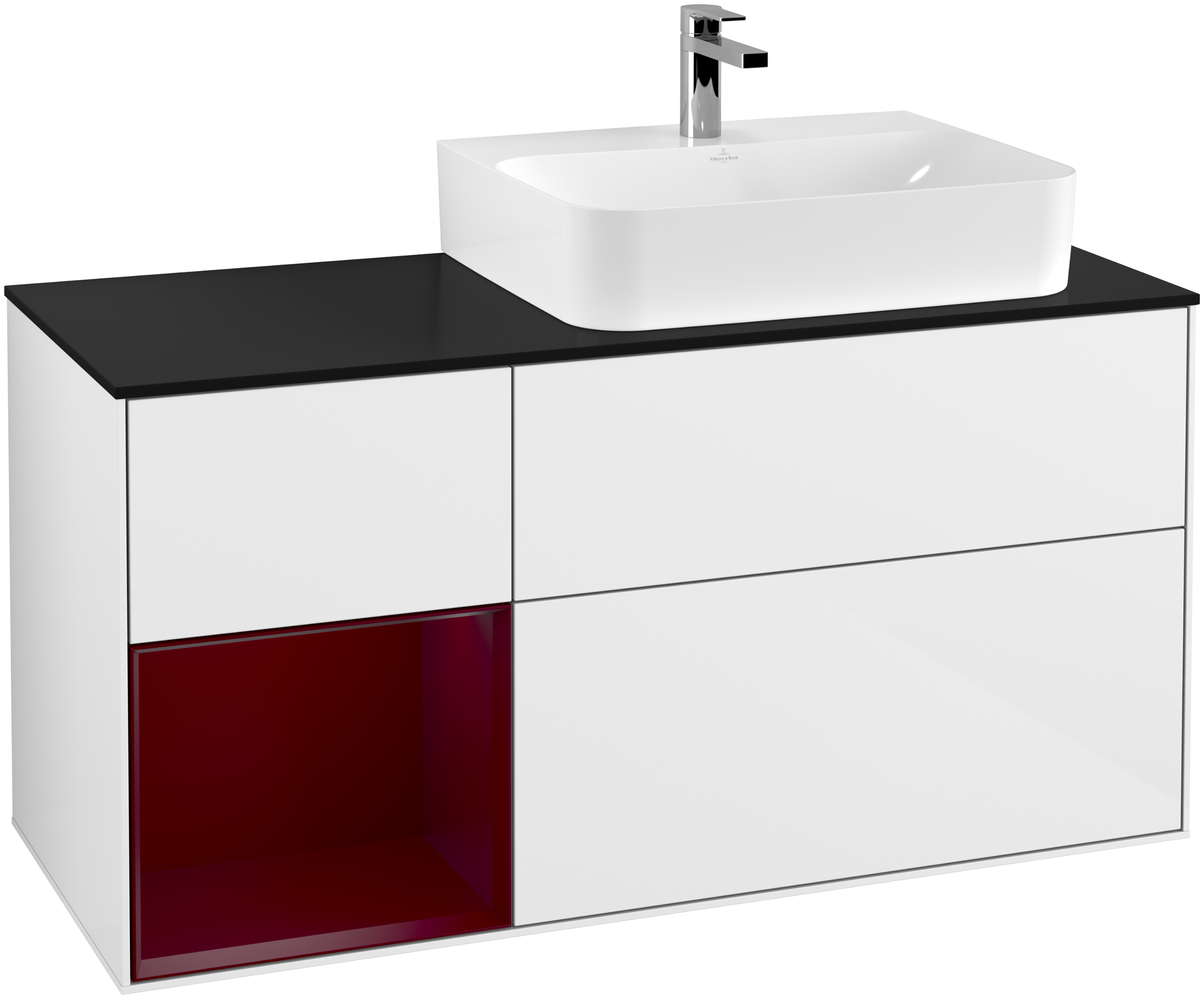 Villeroy & Boch Finion Vanity unit, with lighting, 3 pull-out compartments, 1200x603x501mm, Body: Glossy White Lacquer, Front: Glossy White Lacquer, Shelf: Peony Matt Lacquer, Cover plate: Glass Black Matt