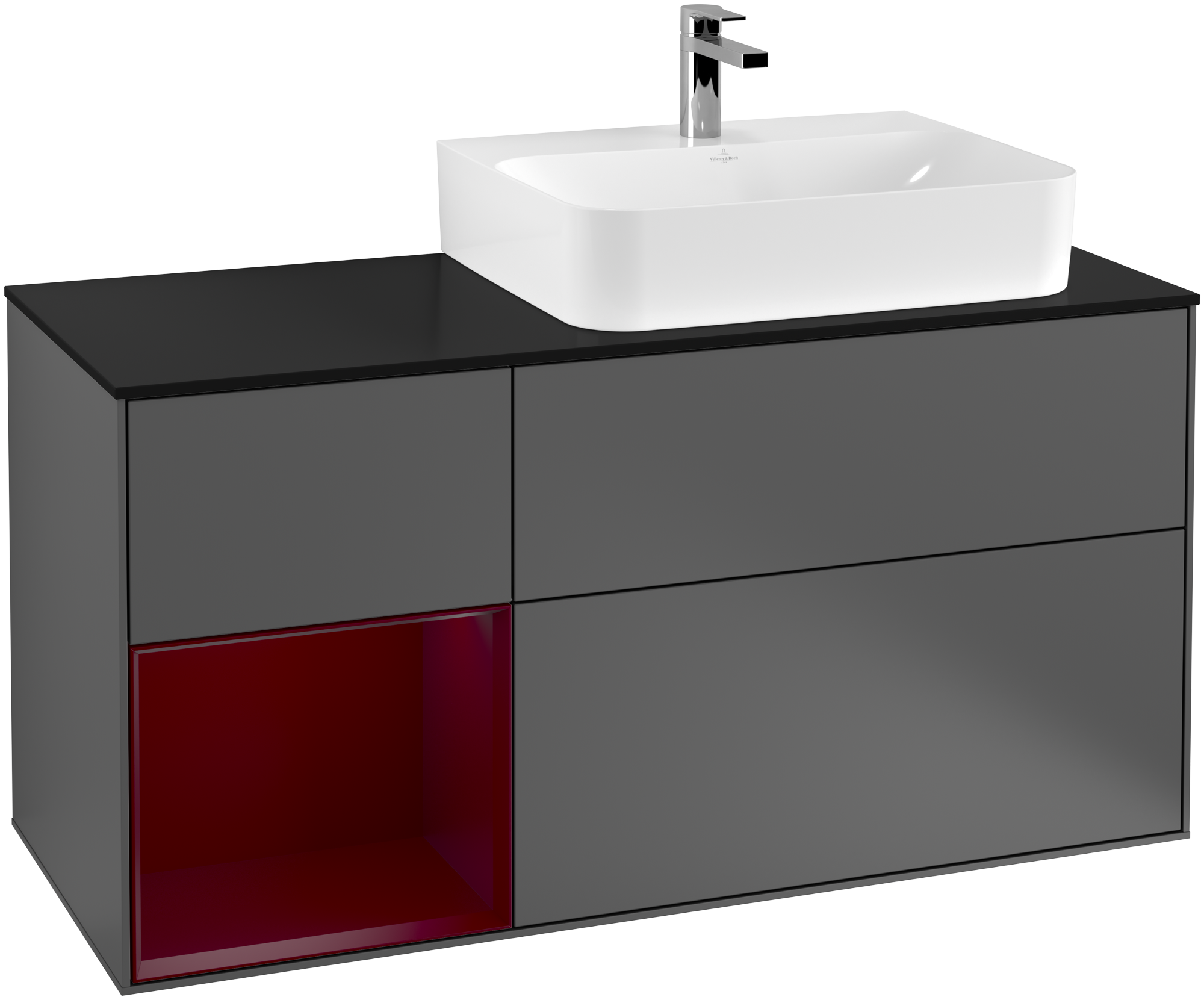 Villeroy & Boch Finion Vanity unit, with lighting, 3 pull-out compartments, 1200x603x501mm, Body: Anthracite Matt Lacquer, Front: Anthracite Matt Lacquer, Shelf: Peony Matt Lacquer, Cover plate: Glass Black Matt