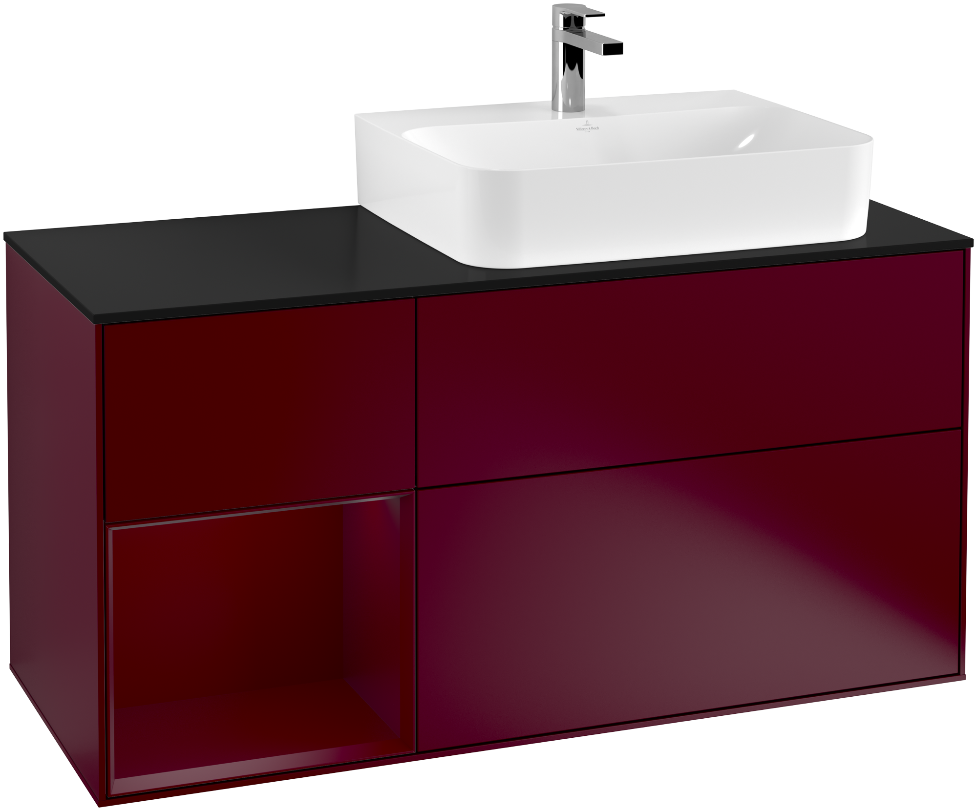 Villeroy & Boch Finion Vanity unit, with lighting, 3 pull-out compartments, 1200x603x501mm, Body: Peony Matt Lacquer, Front: Peony Matt Lacquer, Shelf: Peony Matt Lacquer, Cover plate: Glass Black Matt