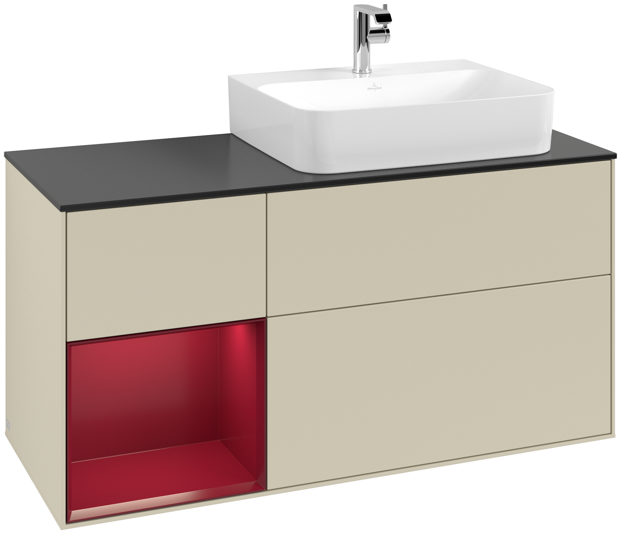 Villeroy & Boch Finion Modulo bajo, con iluminación, 3 compartimentos extraíbles, 1200x603x501mm, Cuerpo: Silk Grey Matt Lacquer, Frontal: Silk Grey Matt Lacquer, Estante: Peony Matt Lacquer, Placa de cubierta: Glass Black Matt