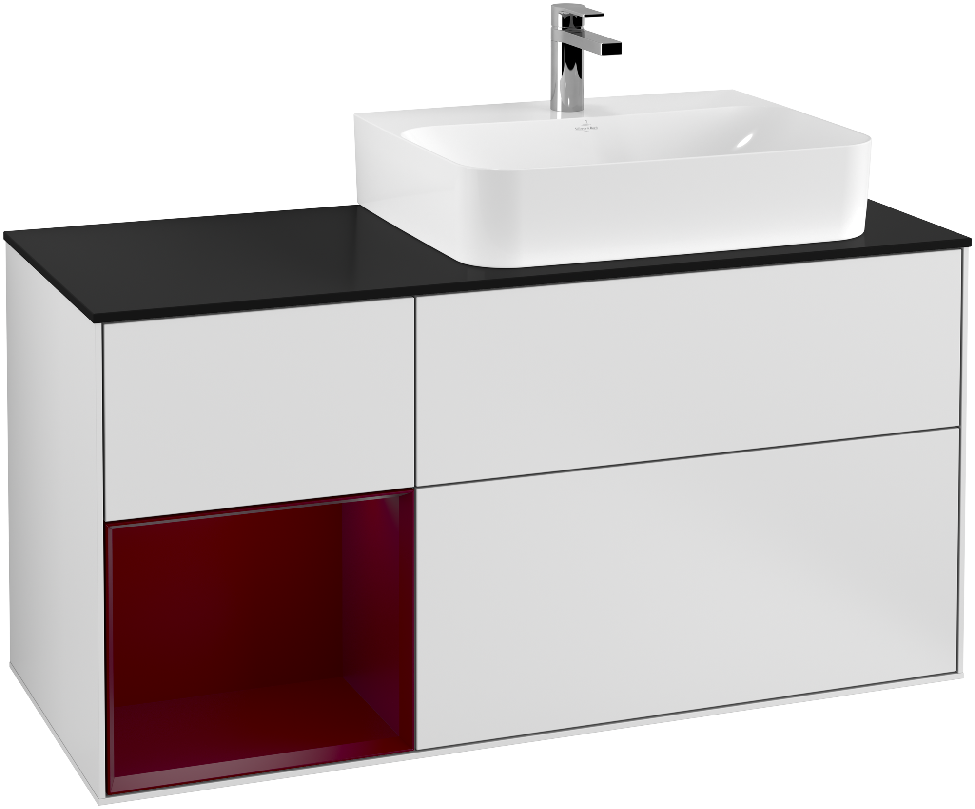 Villeroy & Boch Finion Vanity unit, with lighting, 3 pull-out compartments, 1200x603x501mm, Body: White Matt Lacquer, Front: White Matt Lacquer, Shelf: Peony Matt Lacquer, Cover plate: Glass Black Matt