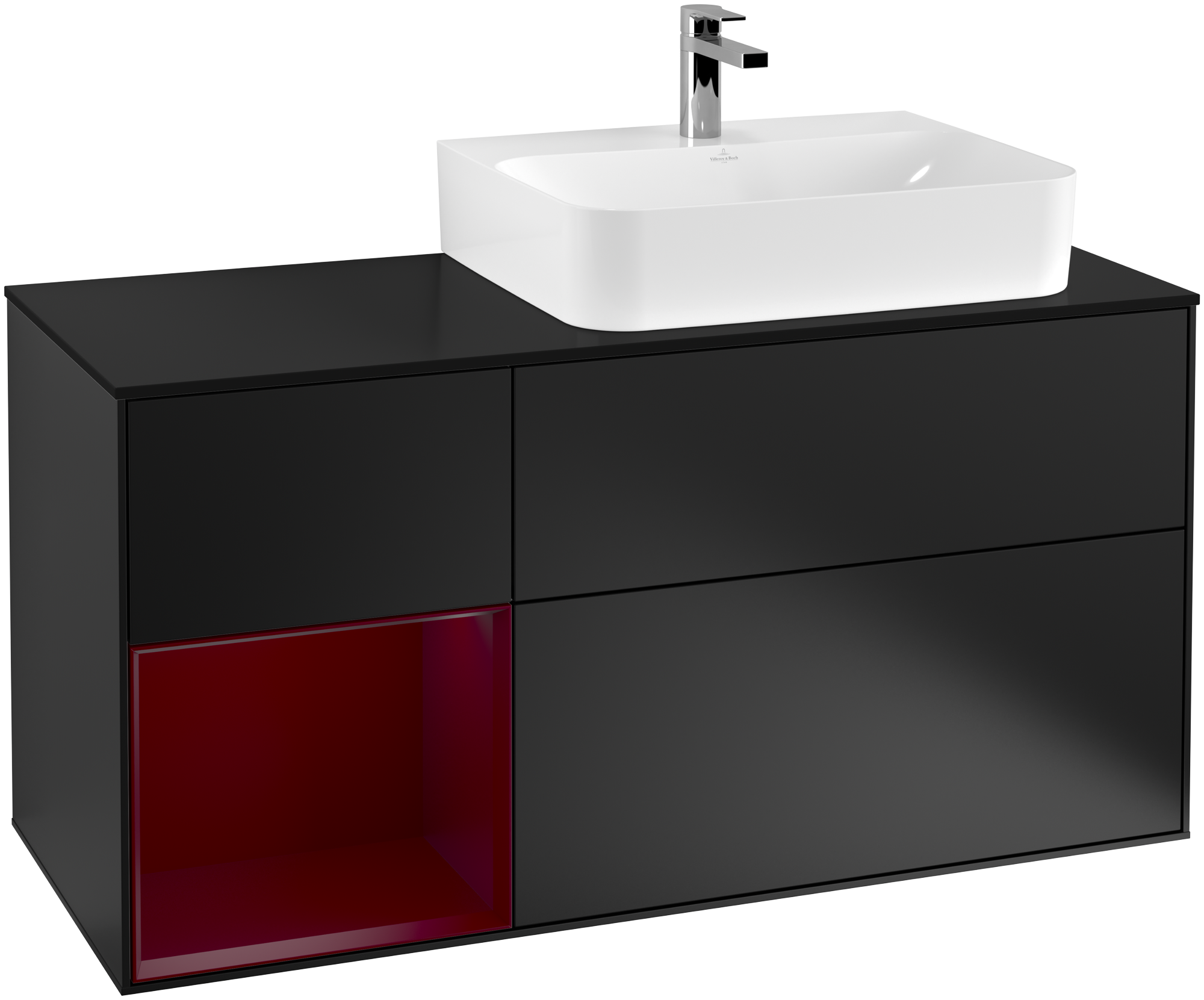 Villeroy & Boch Finion Vanity unit, with lighting, 3 pull-out compartments, 1200x603x501mm, Body: Black Matt Lacquer, Front: Black Matt Lacquer, Shelf: Peony Matt Lacquer, Cover plate: Glass Black Matt