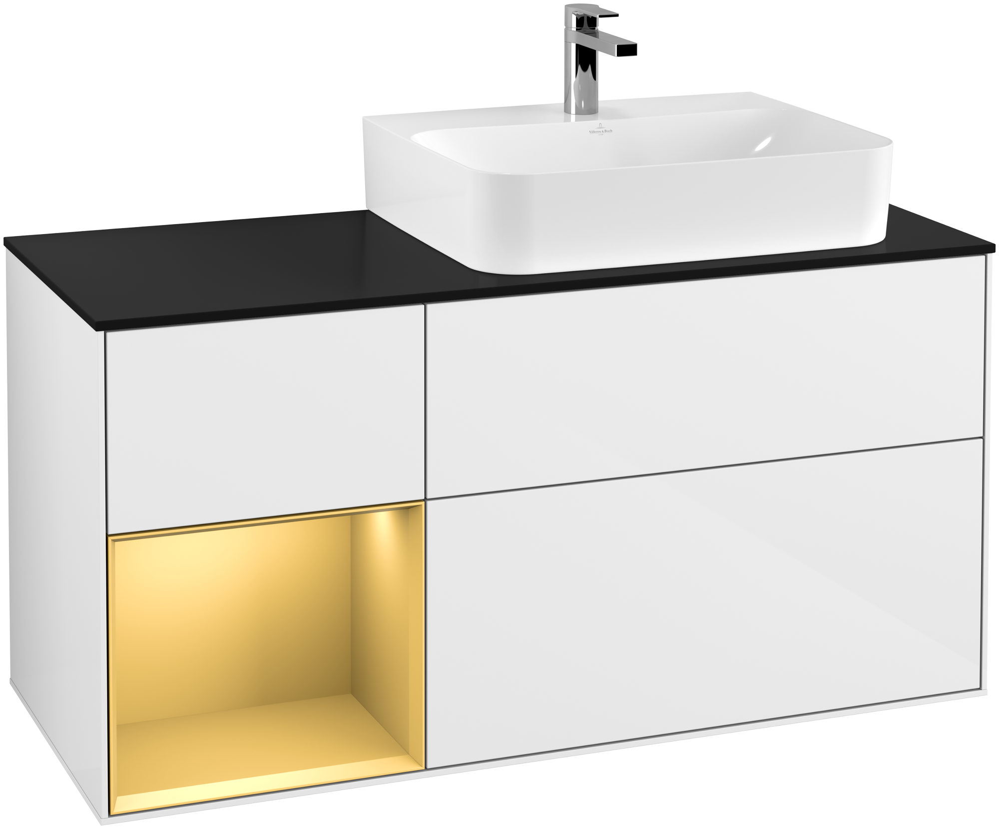 Villeroy & Boch Finion Vanity unit, with lighting, 3 pull-out compartments, 1200x603x501mm, Body: Glossy White Lacquer, Front: Glossy White Lacquer, Shelf: Gold Matt Lacquer, Cover plate: Glass Black Matt
