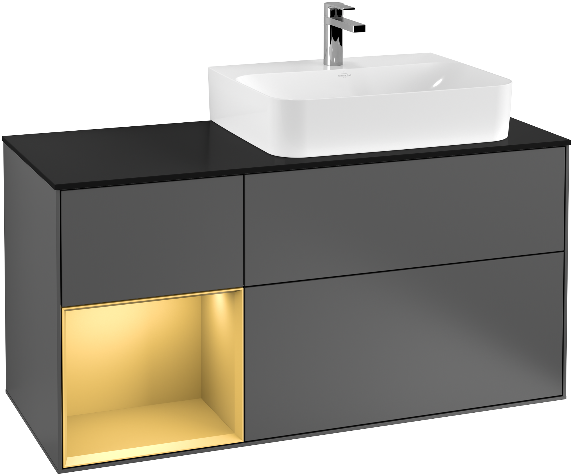 Villeroy & Boch Finion Vanity unit, with lighting, 3 pull-out compartments, 1200x603x501mm, Body: Anthracite Matt Lacquer, Front: Anthracite Matt Lacquer, Shelf: Gold Matt Lacquer, Cover plate: Glass Black Matt