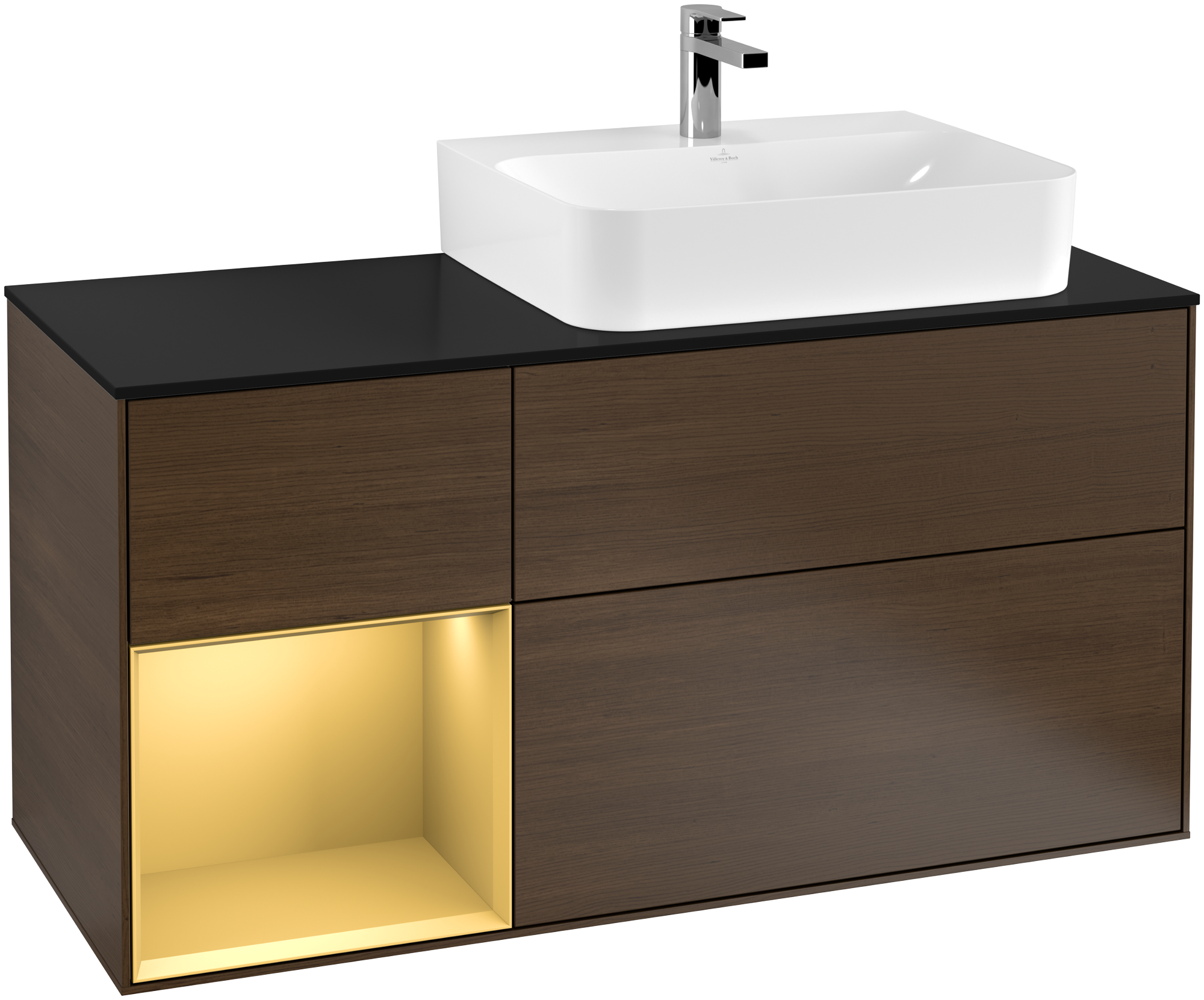 Villeroy & Boch Finion Vanity unit, with lighting, 3 pull-out compartments, 1200x603x501mm, Body: Walnut Veneer, Front: Walnut Veneer, Shelf: Gold Matt Lacquer, Cover plate: Glass Black Matt