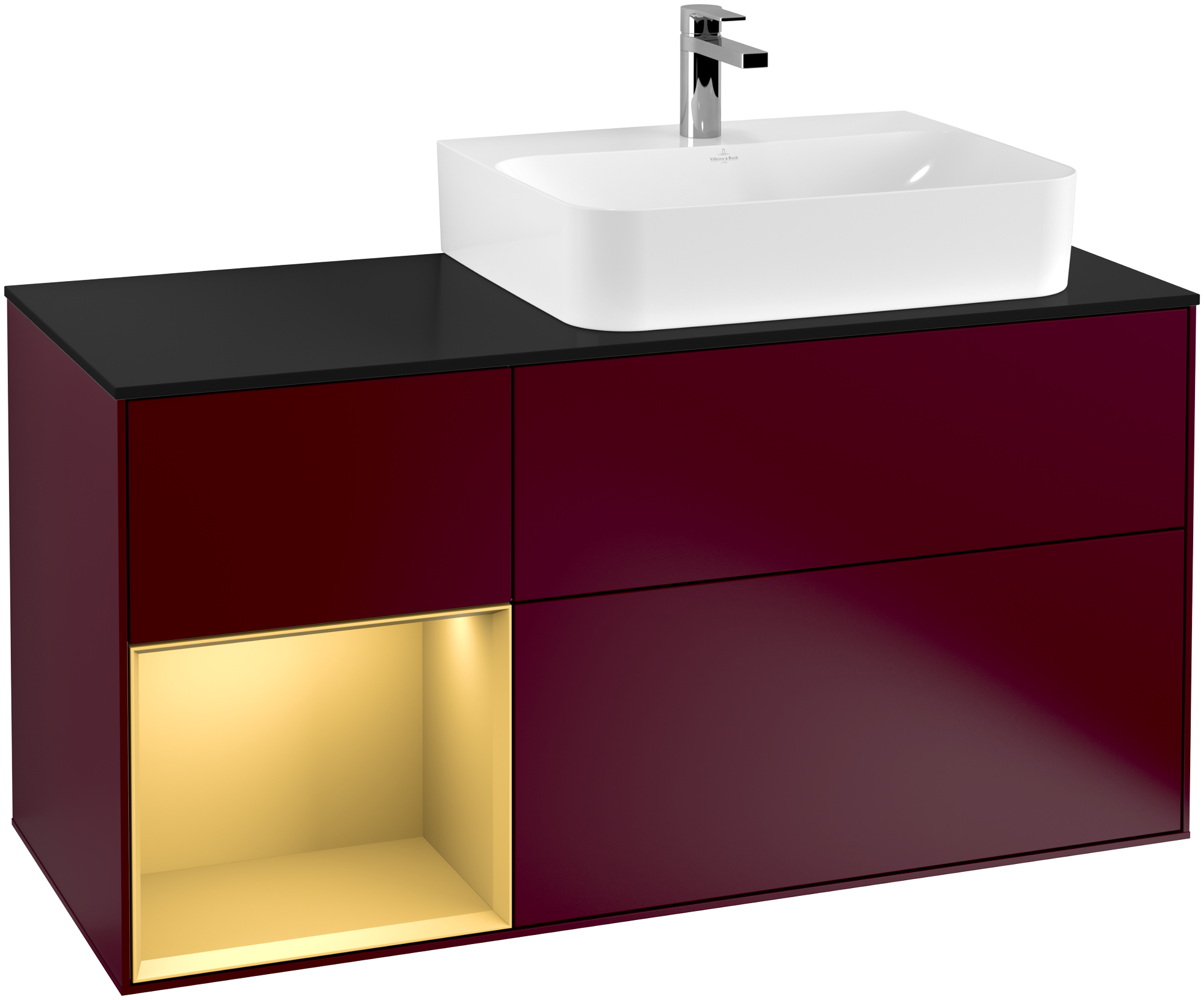 Villeroy & Boch Finion Vanity unit, with lighting, 3 pull-out compartments, 1200x603x501mm, Body: Peony Matt Lacquer, Front: Peony Matt Lacquer, Shelf: Gold Matt Lacquer, Cover plate: Glass Black Matt