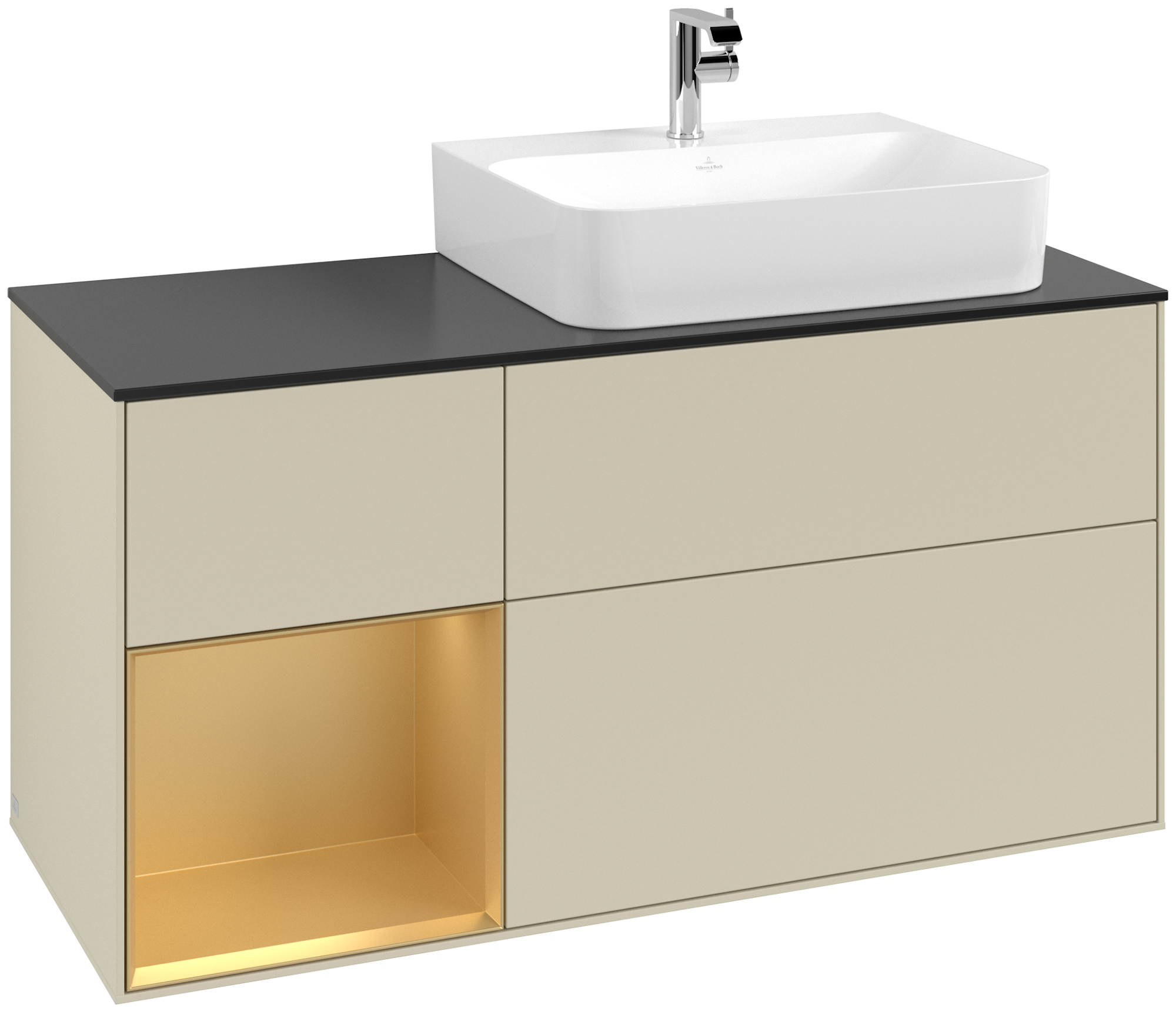 Villeroy & Boch Finion Modulo bajo, con iluminación, 3 compartimentos extraíbles, 1200x603x501mm, Cuerpo: Silk Grey Matt Lacquer, Frontal: Silk Grey Matt Lacquer, Estante: Gold Matt Lacquer, Placa de cubierta: Glass Black Matt