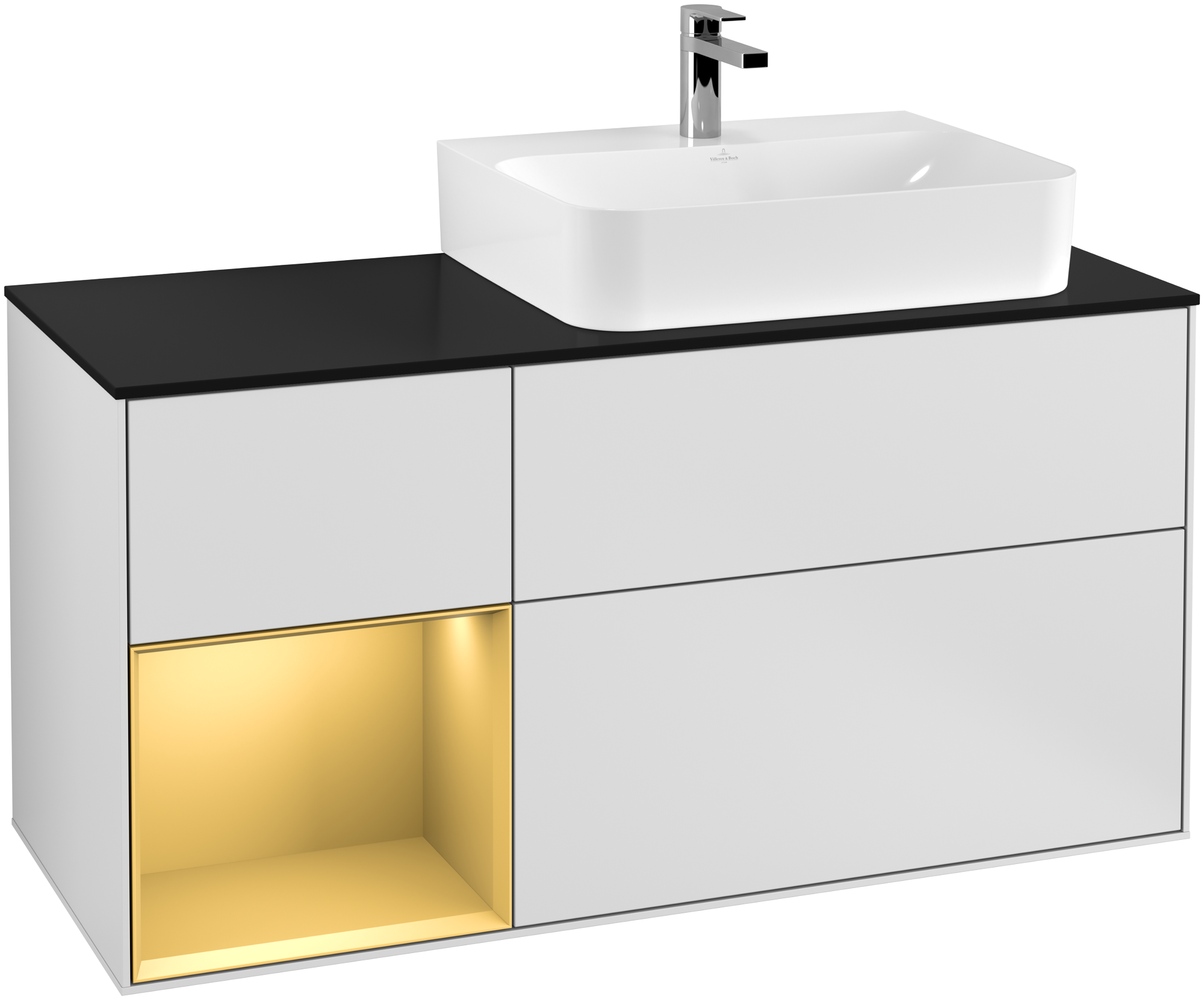Villeroy & Boch Finion Vanity unit, with lighting, 3 pull-out compartments, 1200x603x501mm, Body: White Matt Lacquer, Front: White Matt Lacquer, Shelf: Gold Matt Lacquer, Cover plate: Glass Black Matt