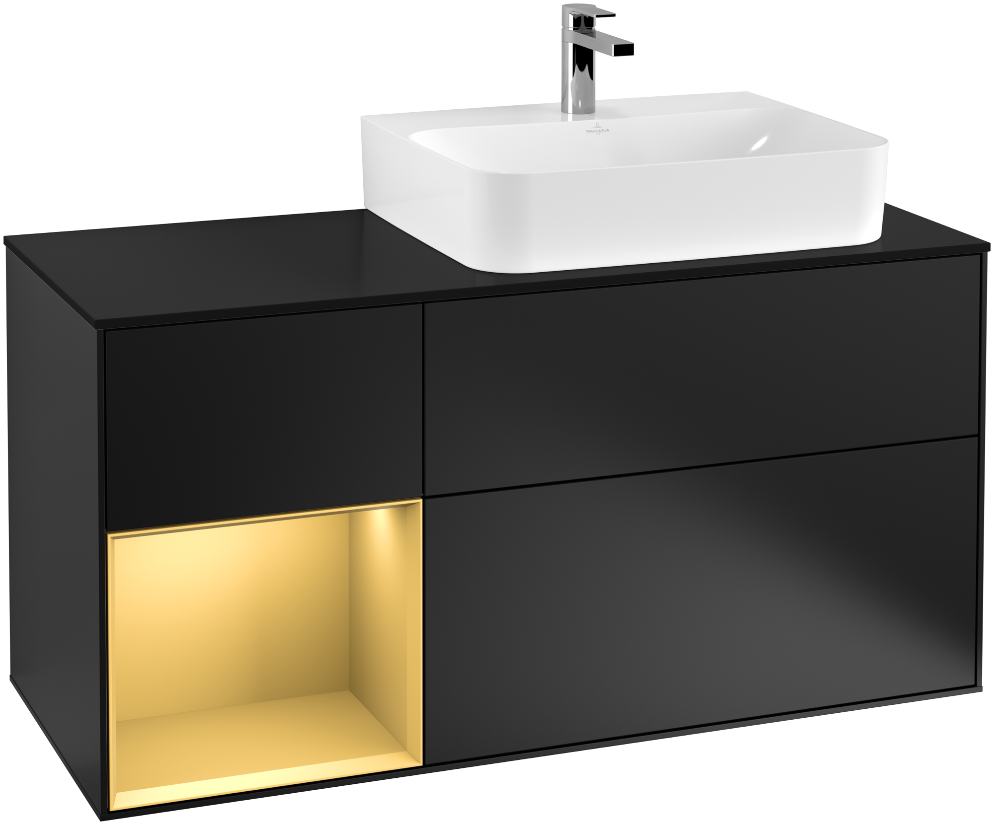 Villeroy & Boch Finion Vanity unit, with lighting, 3 pull-out compartments, 1200x603x501mm, Body: Black Matt Lacquer, Front: Black Matt Lacquer, Shelf: Gold Matt Lacquer, Cover plate: Glass Black Matt