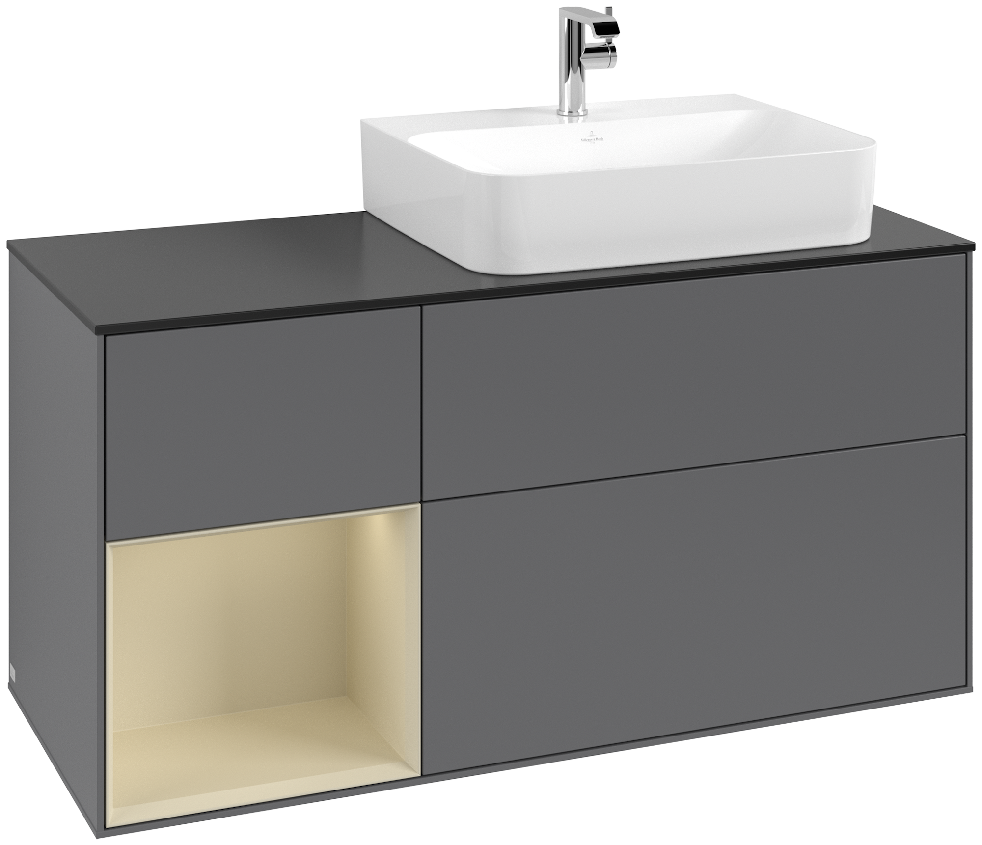 Villeroy & Boch Finion Modulo bajo, con iluminación, 3 compartimentos extraíbles, 1200x603x501mm, Cuerpo: Anthracite Matt Lacquer, Frontal: Anthracite Matt Lacquer, Estante: Silk Grey Matt Lacquer, Placa de cubierta: Glass Black Matt