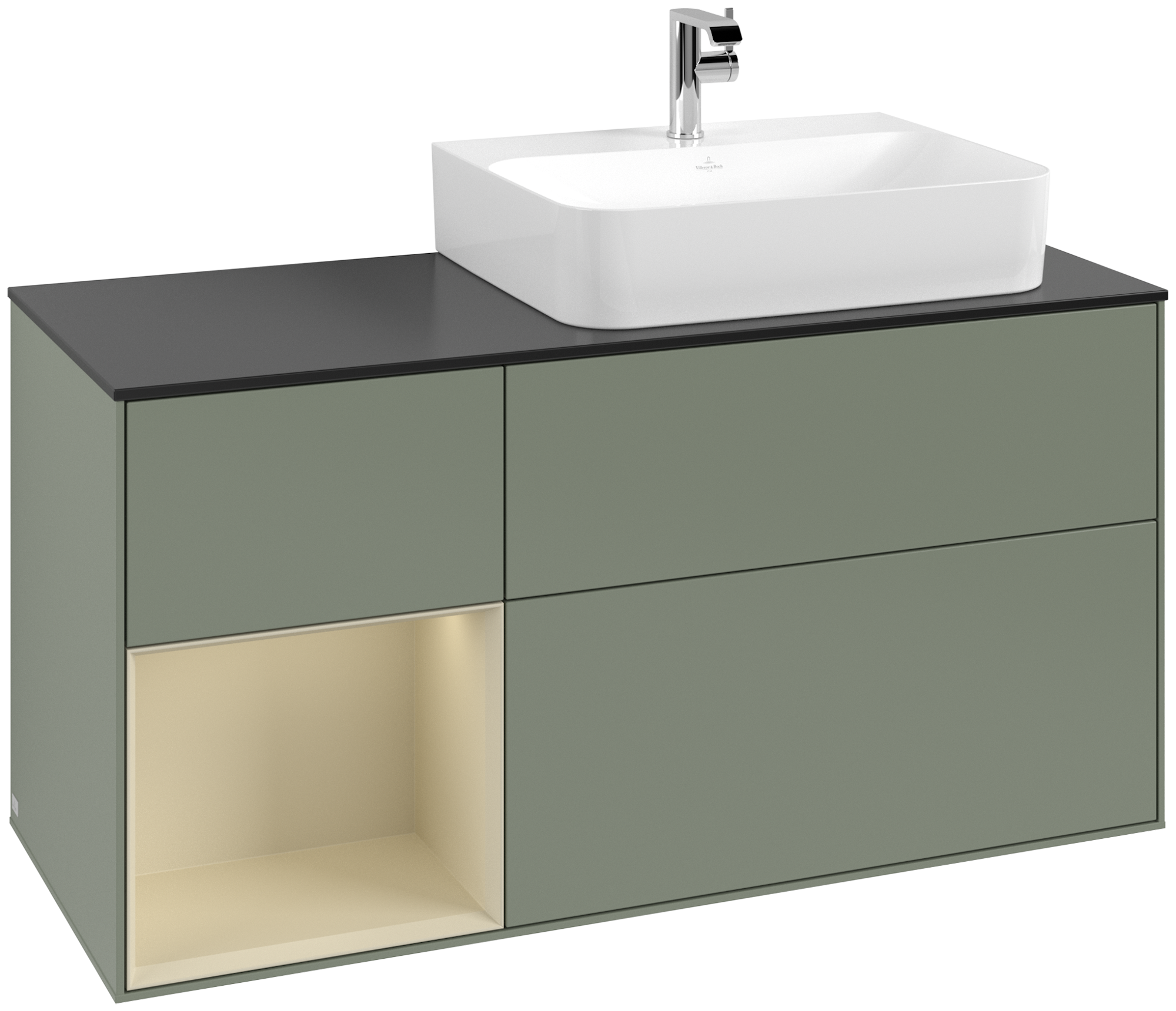 Villeroy & Boch Finion Modulo bajo, con iluminación, 3 compartimentos extraíbles, 1200x603x501mm, Cuerpo: Olive Matt Lacquer, Frontal: Olive Matt Lacquer, Estante: Silk Grey Matt Lacquer, Placa de cubierta: Glass Black Matt