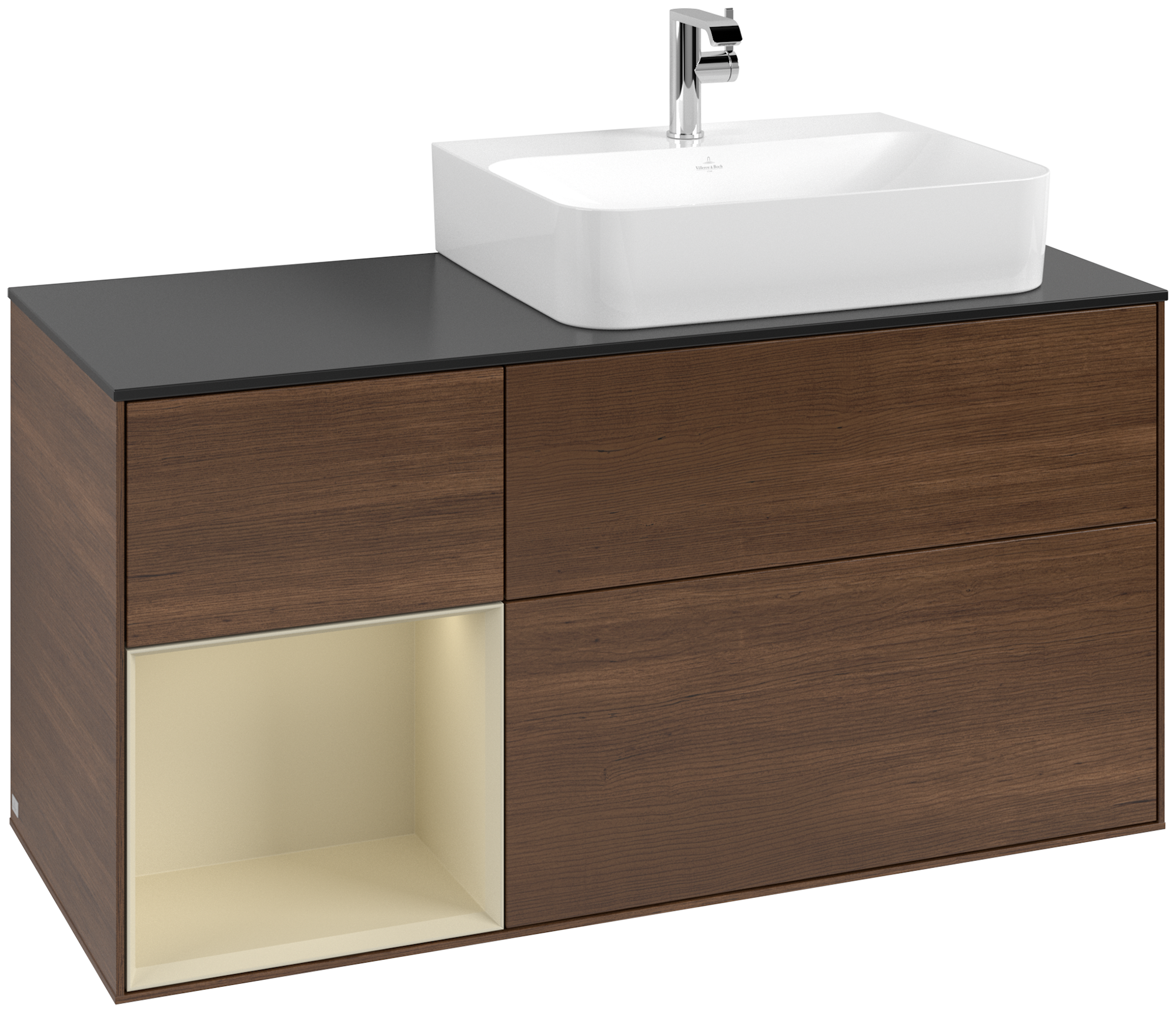 Villeroy & Boch Finion Modulo bajo, con iluminación, 3 compartimentos extraíbles, 1200x603x501mm, Cuerpo: Walnut Veneer, Frontal: Walnut Veneer, Estante: Silk Grey Matt Lacquer, Placa de cubierta: Glass Black Matt
