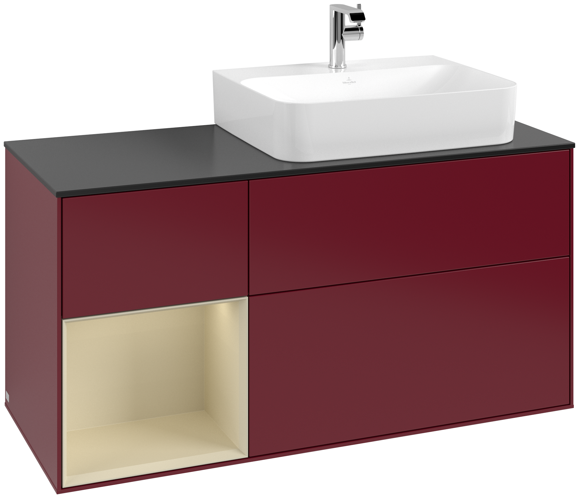 Villeroy & Boch Finion Modulo bajo, con iluminación, 3 compartimentos extraíbles, 1200x603x501mm, Cuerpo: Peony Matt Lacquer, Frontal: Peony Matt Lacquer, Estante: Silk Grey Matt Lacquer, Placa de cubierta: Glass Black Matt