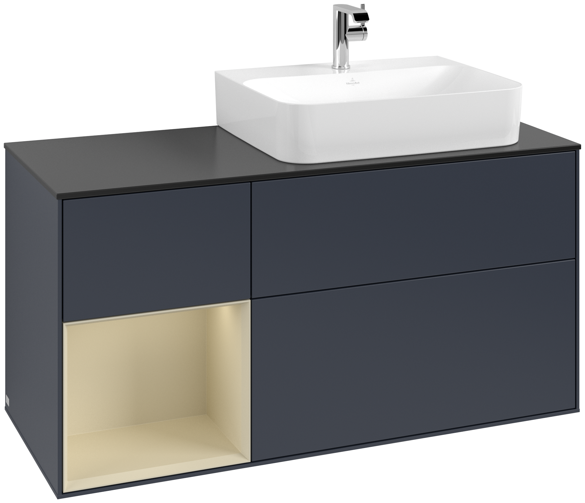 Villeroy & Boch Finion Modulo bajo, con iluminación, 3 compartimentos extraíbles, 1200x603x501mm, Cuerpo: Midnight Blue Matt Lacquer, Frontal: Midnight Blue Matt Lacquer, Estante: Silk Grey Matt Lacquer, Placa de cubierta: Glass Black Matt