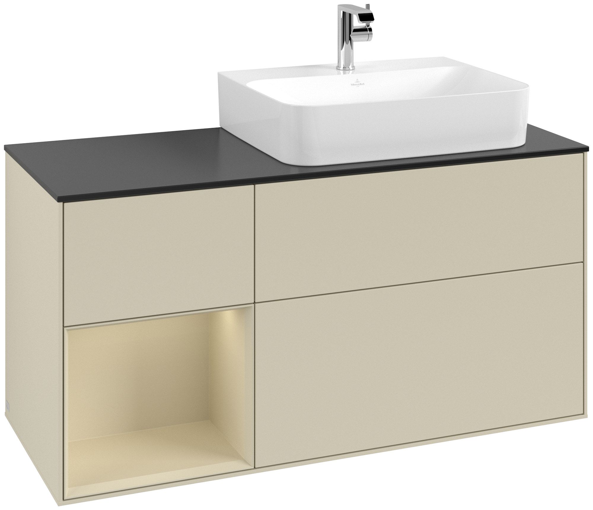 Villeroy & Boch Finion Modulo bajo, con iluminación, 3 compartimentos extraíbles, 1200x603x501mm, Cuerpo: Silk Grey Matt Lacquer, Frontal: Silk Grey Matt Lacquer, Estante: Silk Grey Matt Lacquer, Placa de cubierta: Glass Black Matt