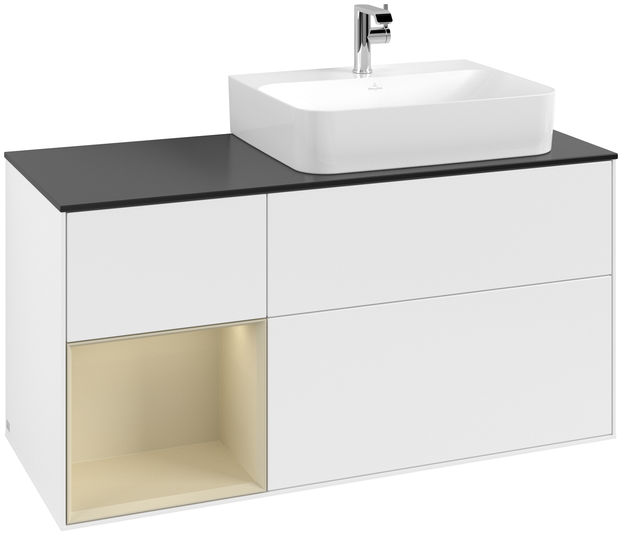 Villeroy & Boch Finion Modulo bajo, con iluminación, 3 compartimentos extraíbles, 1200x603x501mm, Cuerpo: White Matt Lacquer, Frontal: White Matt Lacquer, Estante: Silk Grey Matt Lacquer, Placa de cubierta: Glass Black Matt