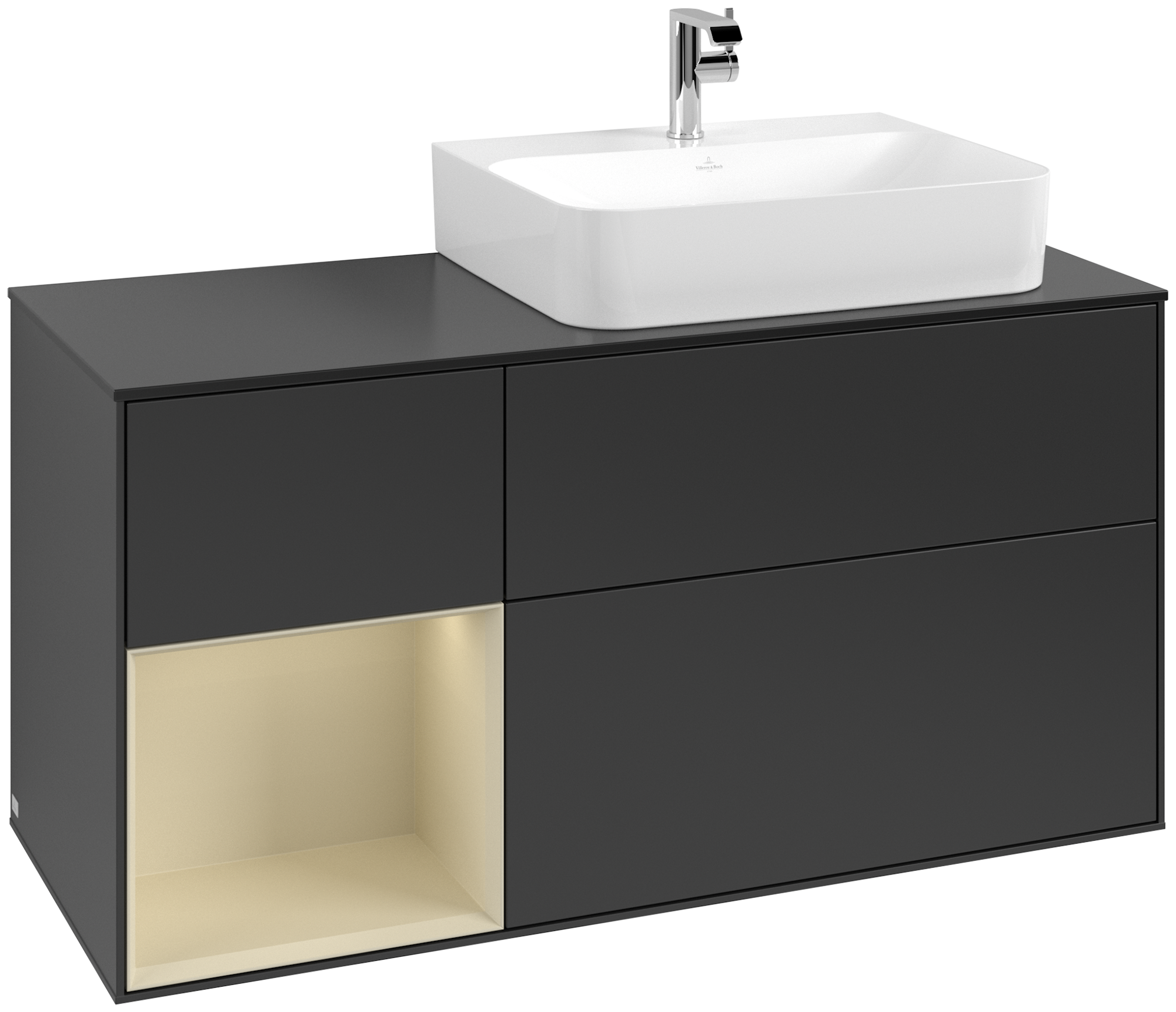 Villeroy & Boch Finion Modulo bajo, con iluminación, 3 compartimentos extraíbles, 1200x603x501mm, Cuerpo: Black Matt Lacquer, Frontal: Black Matt Lacquer, Estante: Silk Grey Matt Lacquer, Placa de cubierta: Glass Black Matt
