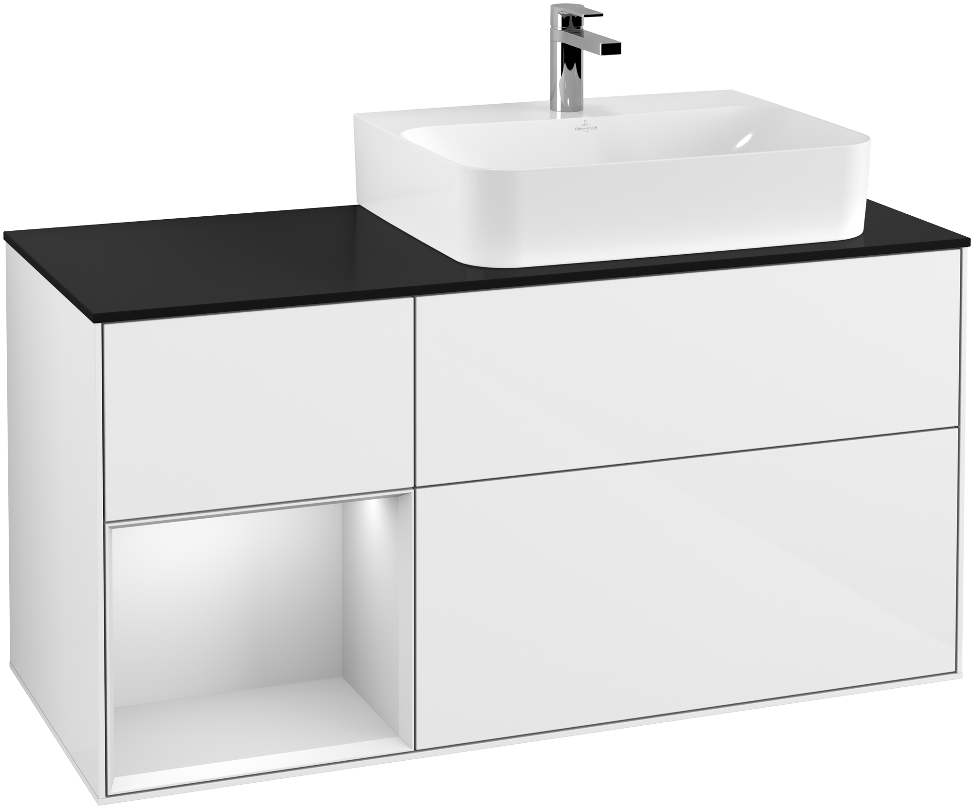 Villeroy & Boch Finion Vanity unit, with lighting, 3 pull-out compartments, 1200x603x501mm, Body: Glossy White Lacquer, Front: Glossy White Lacquer, Shelf: White Matt Lacquer, Cover plate: Glass Black Matt