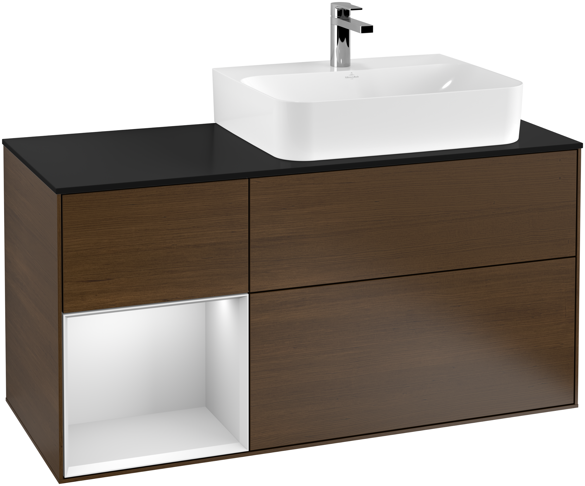 Villeroy & Boch Finion Vanity unit, with lighting, 3 pull-out compartments, 1200x603x501mm, Body: Walnut Veneer, Front: Walnut Veneer, Shelf: White Matt Lacquer, Cover plate: Glass Black Matt