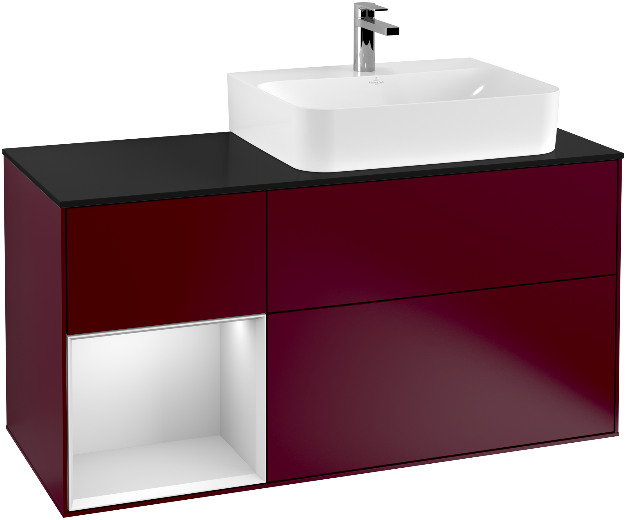 Villeroy & Boch Finion Vanity unit, with lighting, 3 pull-out compartments, 1200x603x501mm, Body: Peony Matt Lacquer, Front: Peony Matt Lacquer, Shelf: White Matt Lacquer, Cover plate: Glass Black Matt