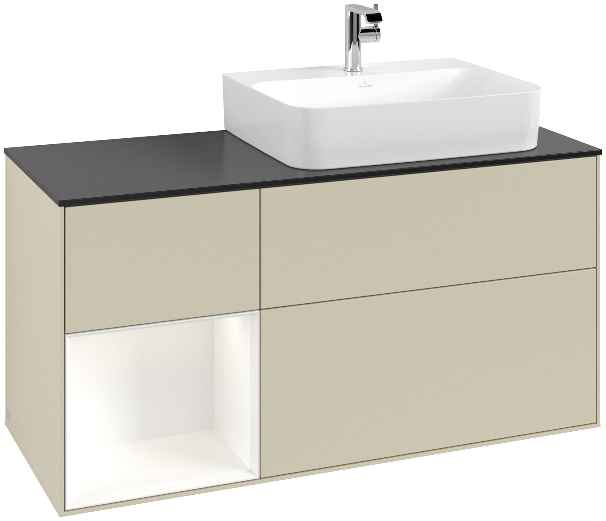 Villeroy & Boch Finion Modulo bajo, con iluminación, 3 compartimentos extraíbles, 1200x603x501mm, Cuerpo: Silk Grey Matt Lacquer, Frontal: Silk Grey Matt Lacquer, Estante: White Matt Lacquer, Placa de cubierta: Glass Black Matt