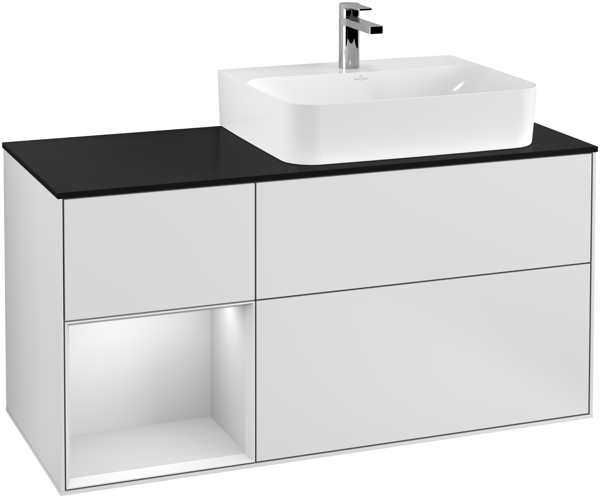 Villeroy & Boch Finion Vanity unit, with lighting, 3 pull-out compartments, 1200x603x501mm, Body: White Matt Lacquer, Front: White Matt Lacquer, Shelf: White Matt Lacquer, Cover plate: Glass Black Matt