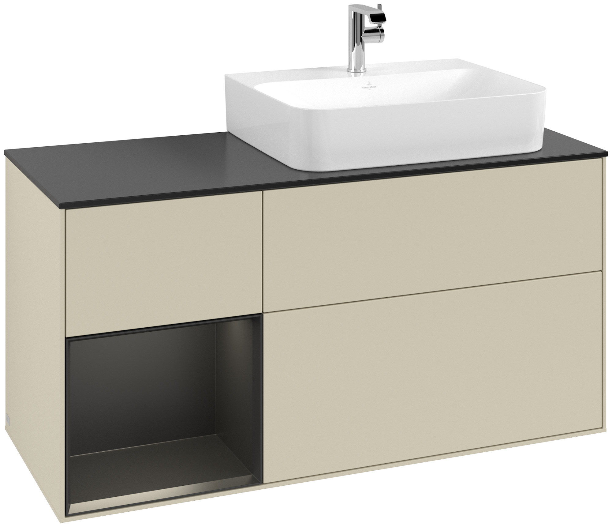 Villeroy & Boch Finion Modulo bajo, con iluminación, 3 compartimentos extraíbles, 1200x603x501mm, Cuerpo: Silk Grey Matt Lacquer, Frontal: Silk Grey Matt Lacquer, Estante: Black Matt Lacquer, Placa de cubierta: Glass Black Matt