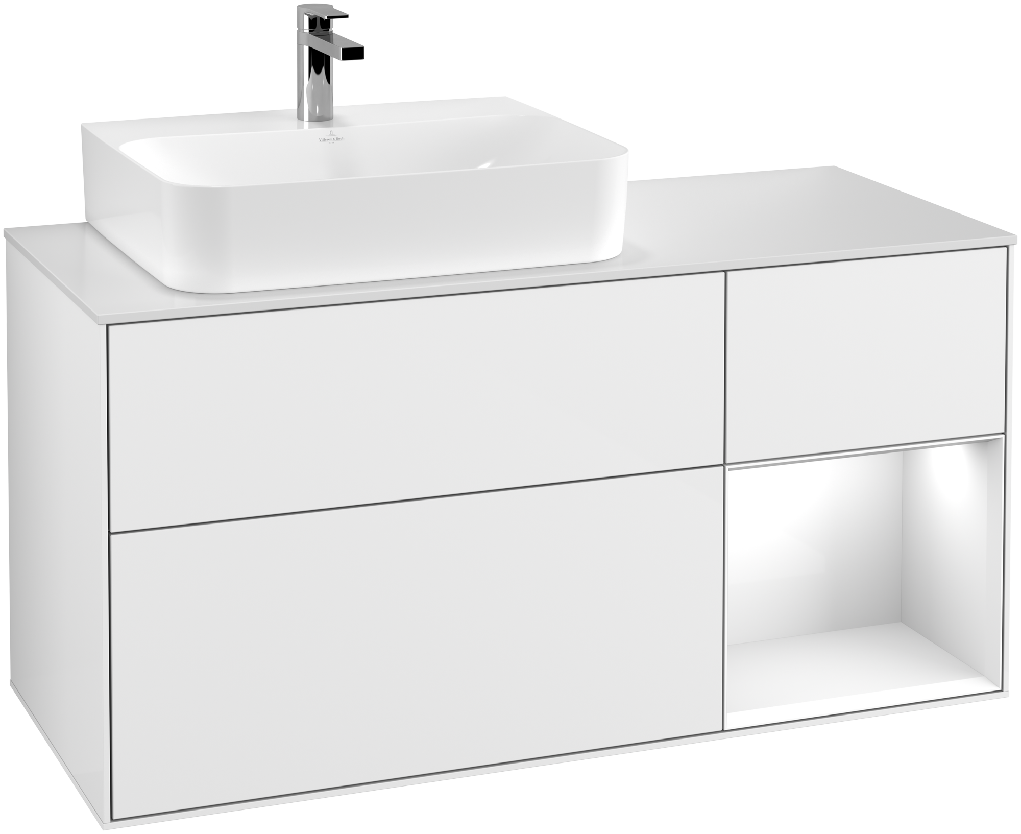 Villeroy & Boch Finion Waschbeckenunterschrank, mit Beleuchtung, 3 Auszüge, 1200x603x501mm, Korpus: Glossy White Lacquer, Front: Glossy White Lacquer, Regalelement: Glossy White Lacquer, Abdeckplatte: Glass White Matt