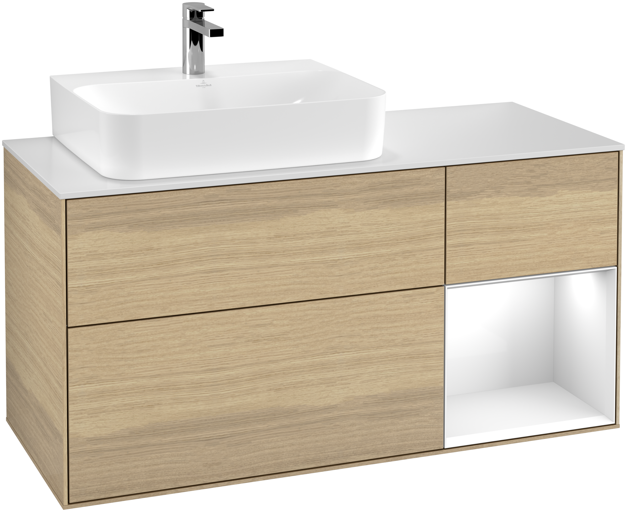 Villeroy & Boch Finion Vanity unit, with lighting, 3 pull-out compartments, 1200x603x501mm, Body: Oak Veneer, Front: Oak Veneer, Shelf: Glossy White Lacquer, Cover plate: Glass White Matt