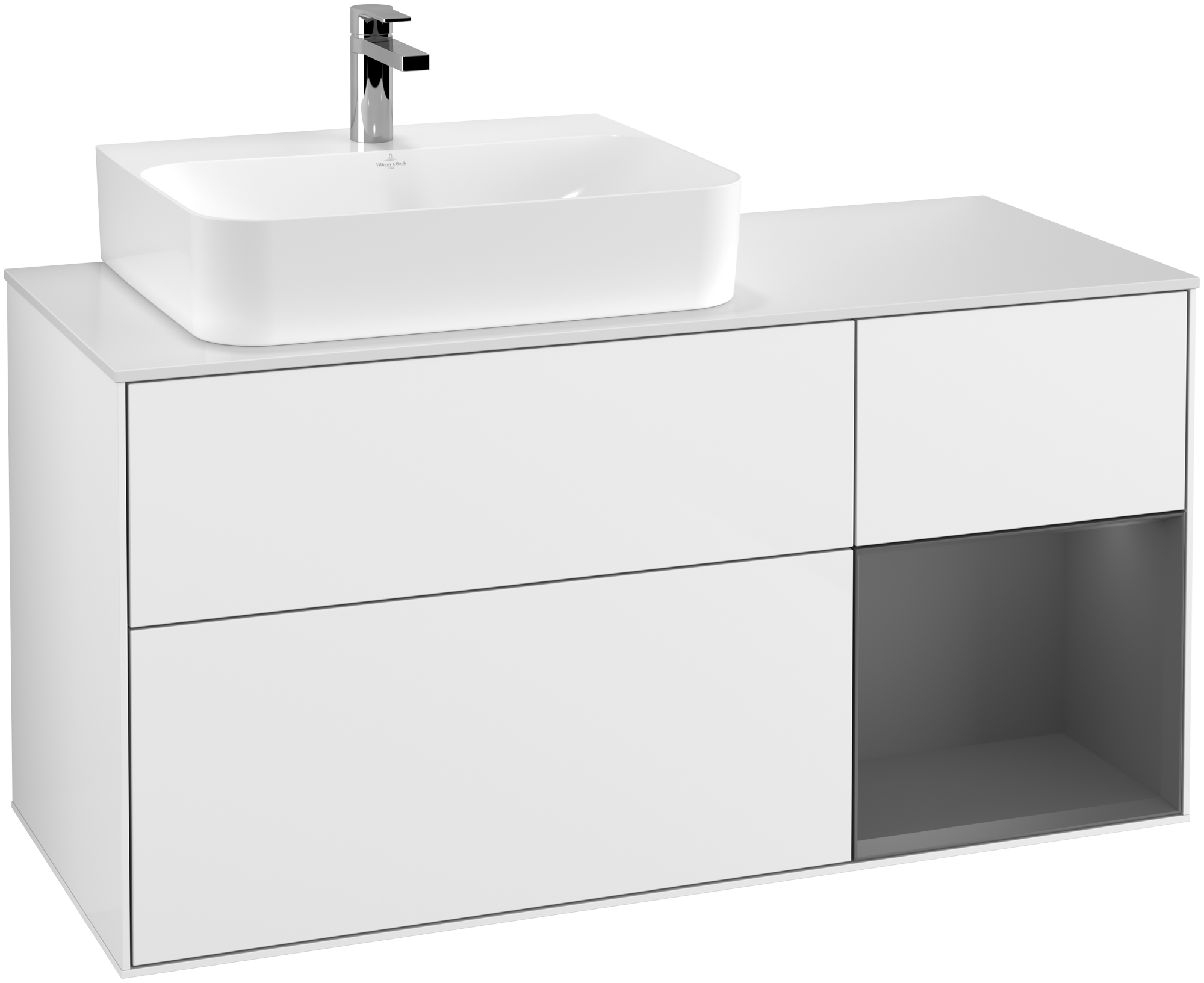 Villeroy & Boch Finion Szafka podumywalkowa, z oświetleniem, 3 elementy wysuwane, 1200x603x501mm, Korpus: Glossy White Lacquer, Front: Glossy White Lacquer, Element regałowy: Anthracite Matt Lacquer, Blat: Glass White Matt