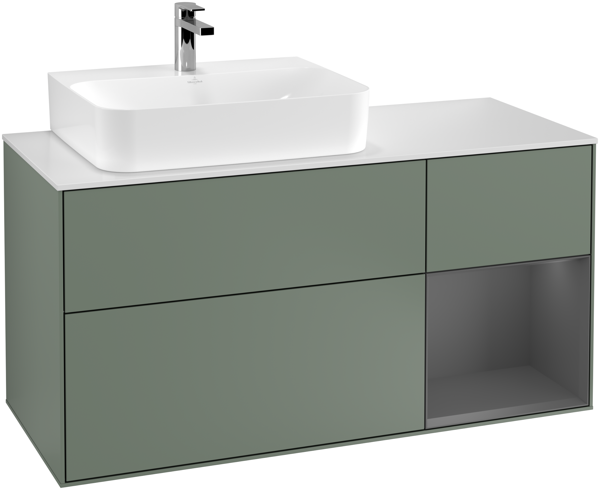 Villeroy & Boch Finion Vanity unit, with lighting, 3 pull-out compartments, 1200x603x501mm, Body: Olive Matt Lacquer, Front: Olive Matt Lacquer, Shelf: Anthracite Matt Lacquer, Cover plate: Glass White Matt