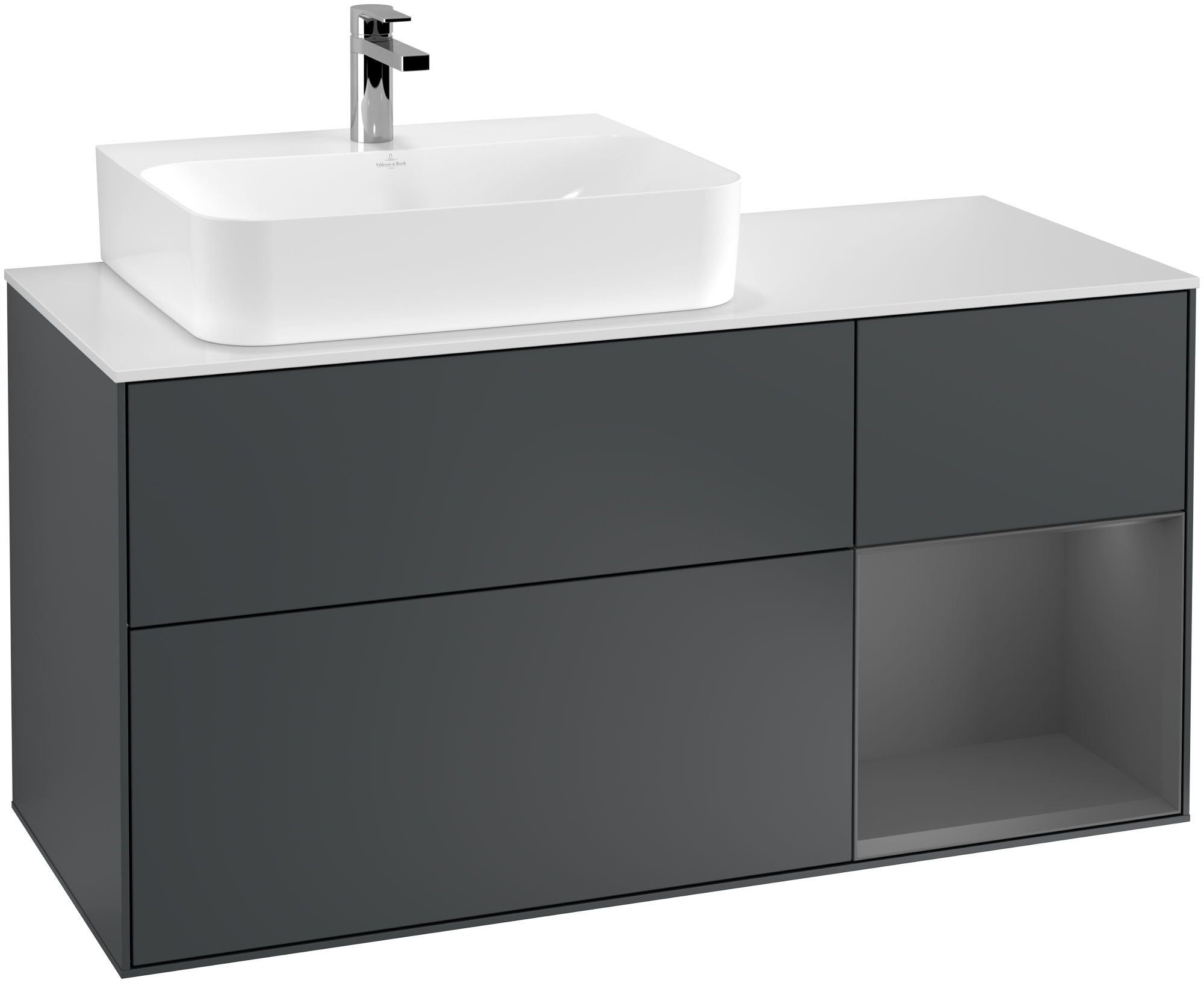 Villeroy & Boch Finion Vanity unit, with lighting, 3 pull-out compartments, 1200x603x501mm, Body: Midnight Blue Matt Lacquer, Front: Midnight Blue Matt Lacquer, Shelf: Anthracite Matt Lacquer, Cover plate: Glass White Matt