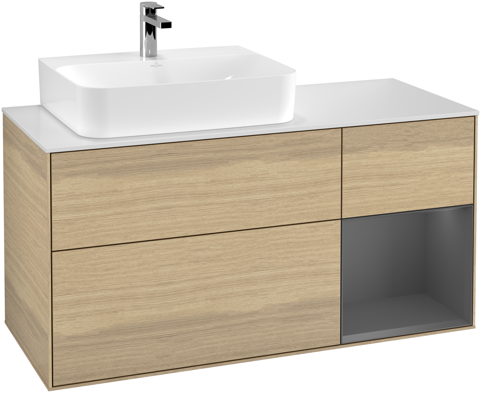 Villeroy & Boch Finion Vanity unit, with lighting, 3 pull-out compartments, 1200x603x501mm, Body: Oak Veneer, Front: Oak Veneer, Shelf: Anthracite Matt Lacquer, Cover plate: Glass White Matt