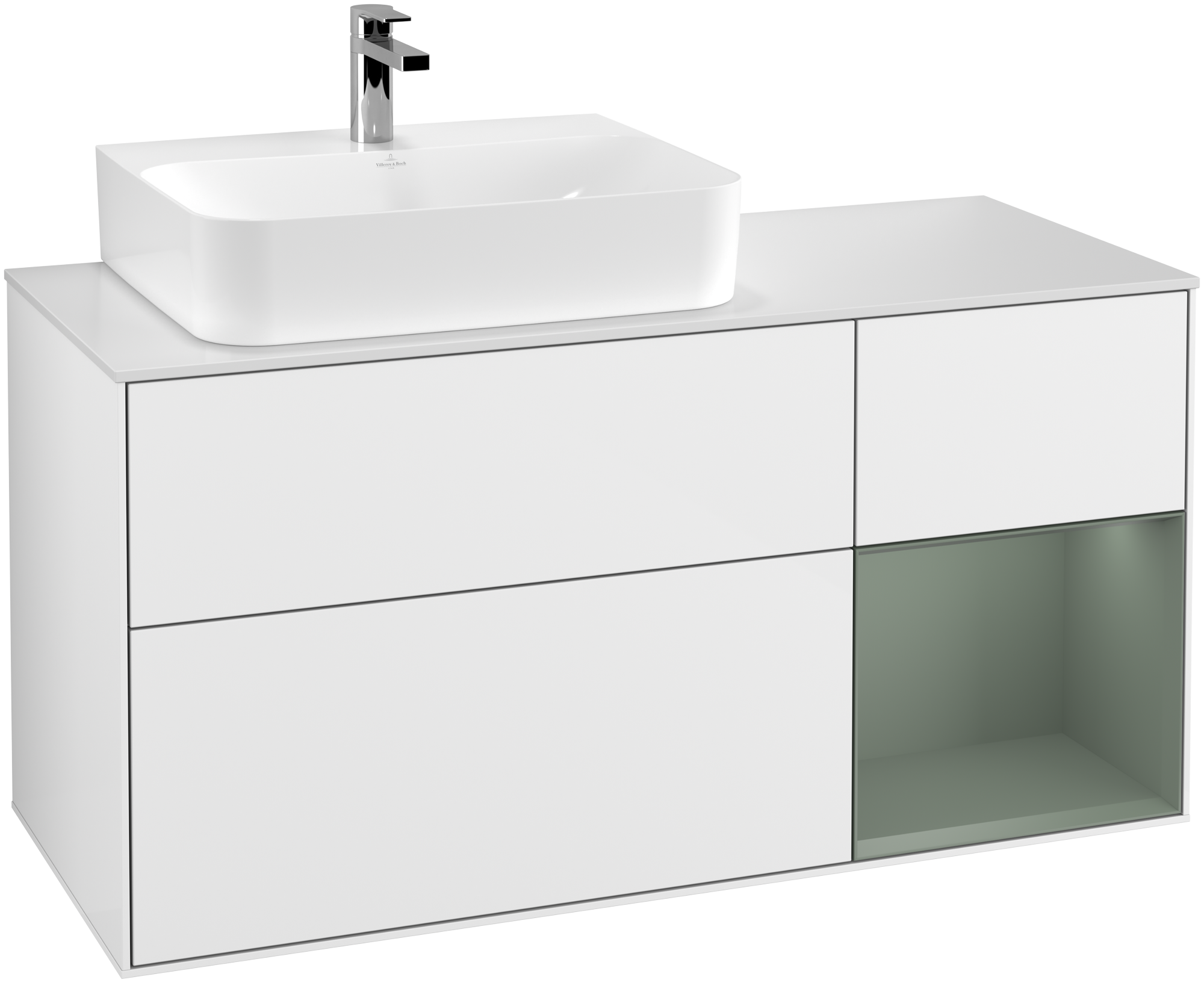 Villeroy & Boch Finion Vanity unit, with lighting, 3 pull-out compartments, 1200x603x501mm, Body: Glossy White Lacquer, Front: Glossy White Lacquer, Shelf: Olive Matt Lacquer, Cover plate: Glass White Matt