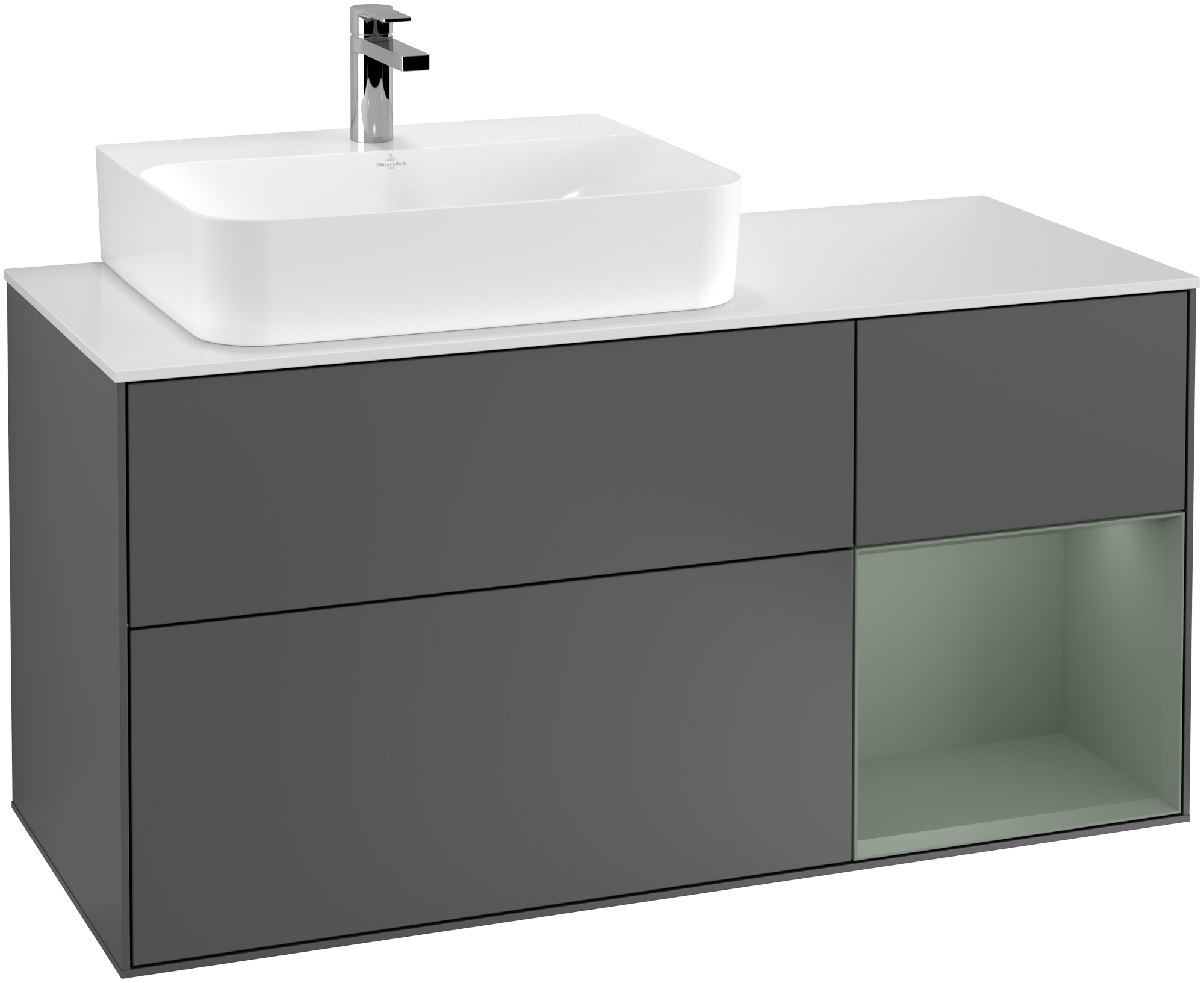 Villeroy & Boch Finion Vanity unit, with lighting, 3 pull-out compartments, 1200x603x501mm, Body: Anthracite Matt Lacquer, Front: Anthracite Matt Lacquer, Shelf: Olive Matt Lacquer, Cover plate: Glass White Matt