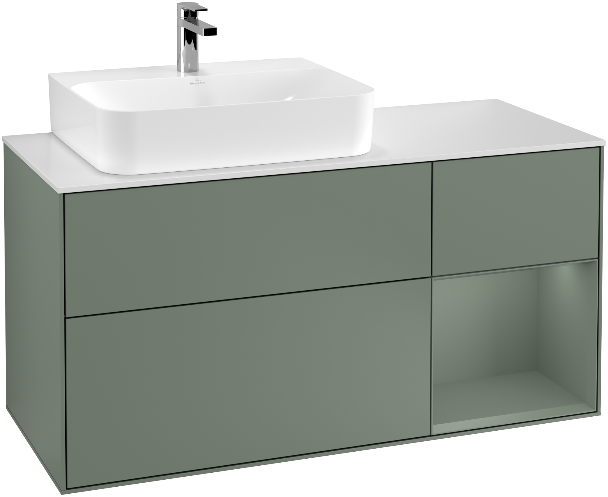 Villeroy & Boch Finion Vanity unit, with lighting, 3 pull-out compartments, 1200x603x501mm, Body: Olive Matt Lacquer, Front: Olive Matt Lacquer, Shelf: Olive Matt Lacquer, Cover plate: Glass White Matt