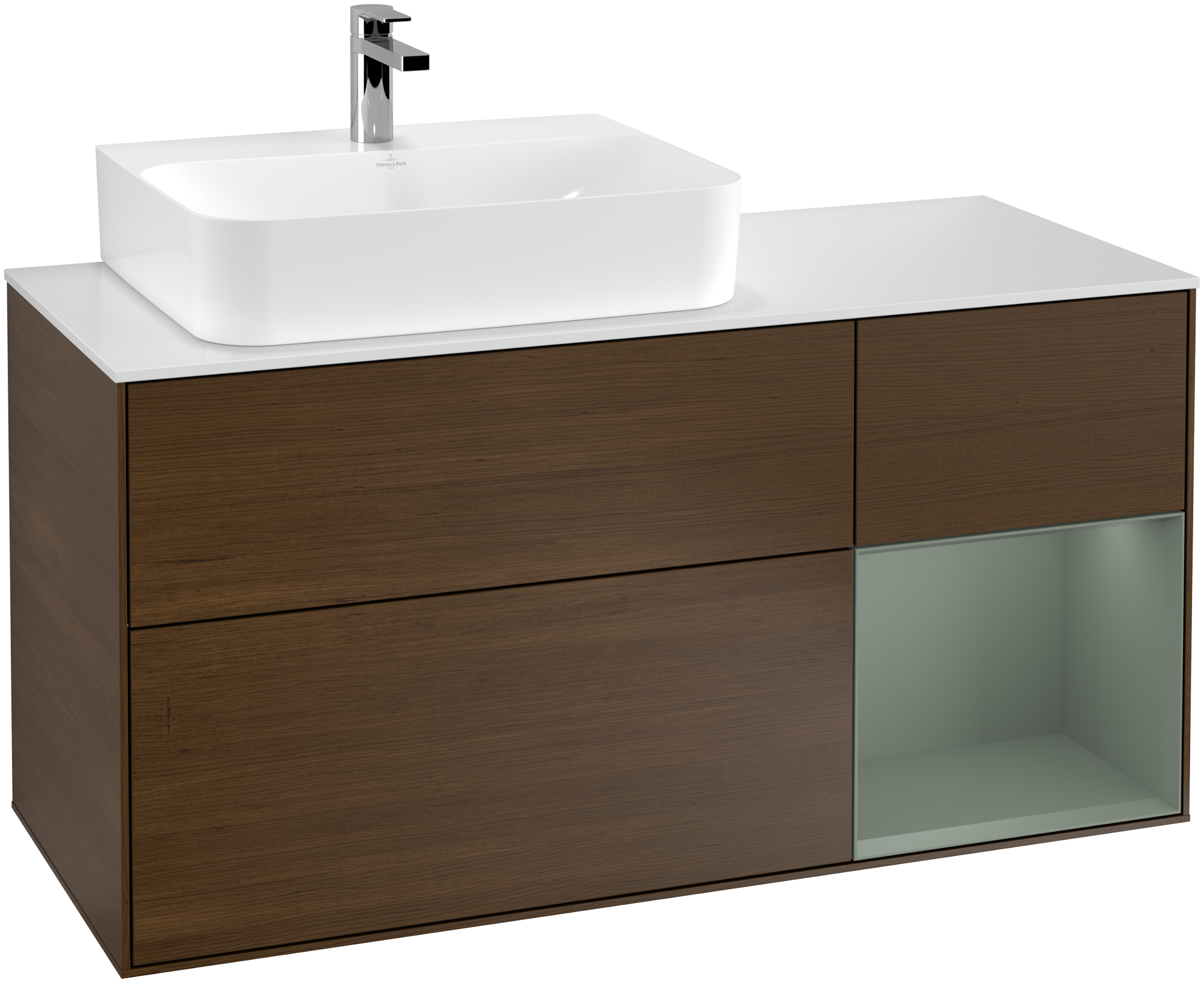 Villeroy & Boch Finion Vanity unit, with lighting, 3 pull-out compartments, 1200x603x501mm, Body: Walnut Veneer, Front: Walnut Veneer, Shelf: Olive Matt Lacquer, Cover plate: Glass White Matt