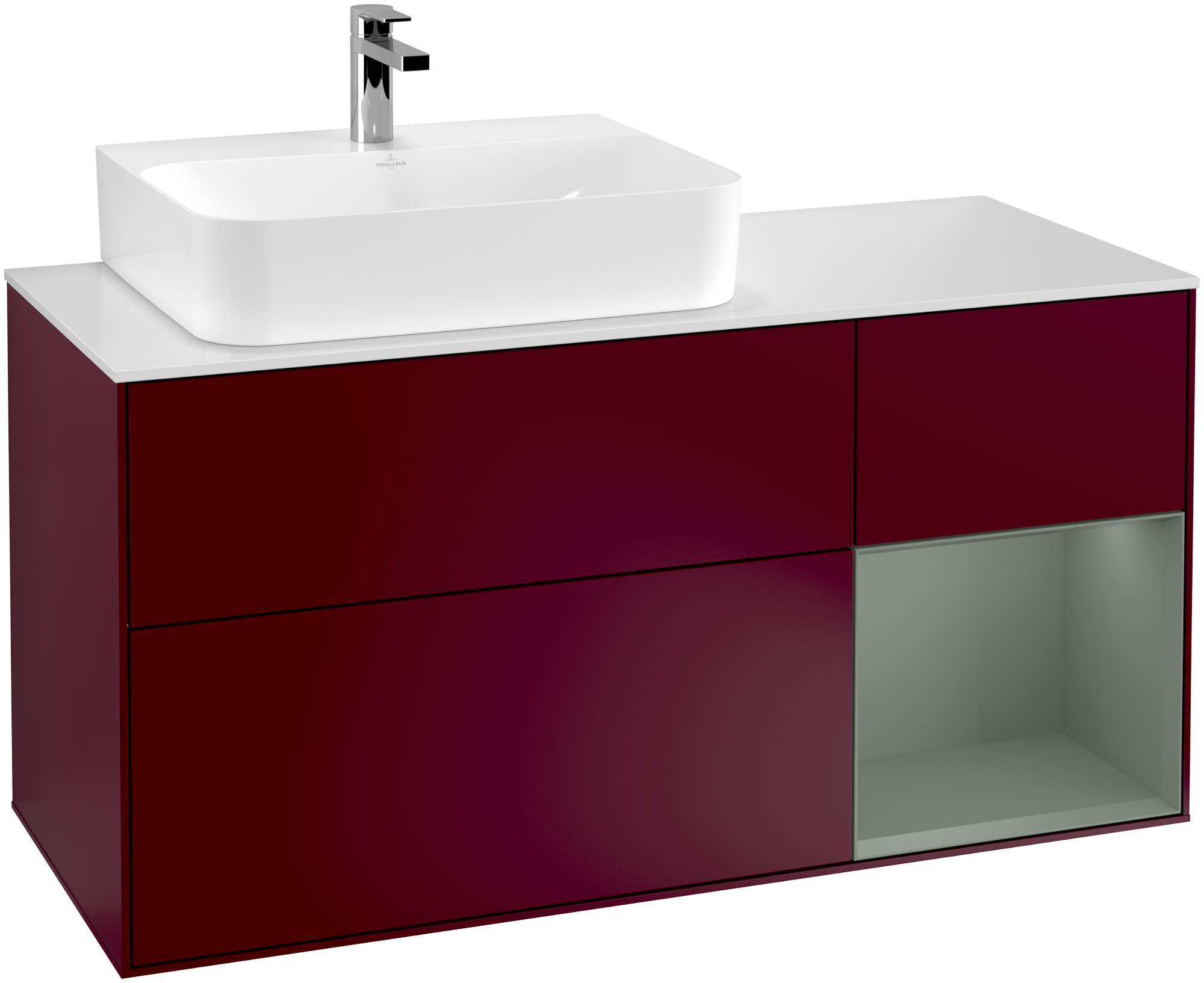 Villeroy & Boch Finion Vanity unit, with lighting, 3 pull-out compartments, 1200x603x501mm, Body: Peony Matt Lacquer, Front: Peony Matt Lacquer, Shelf: Olive Matt Lacquer, Cover plate: Glass White Matt