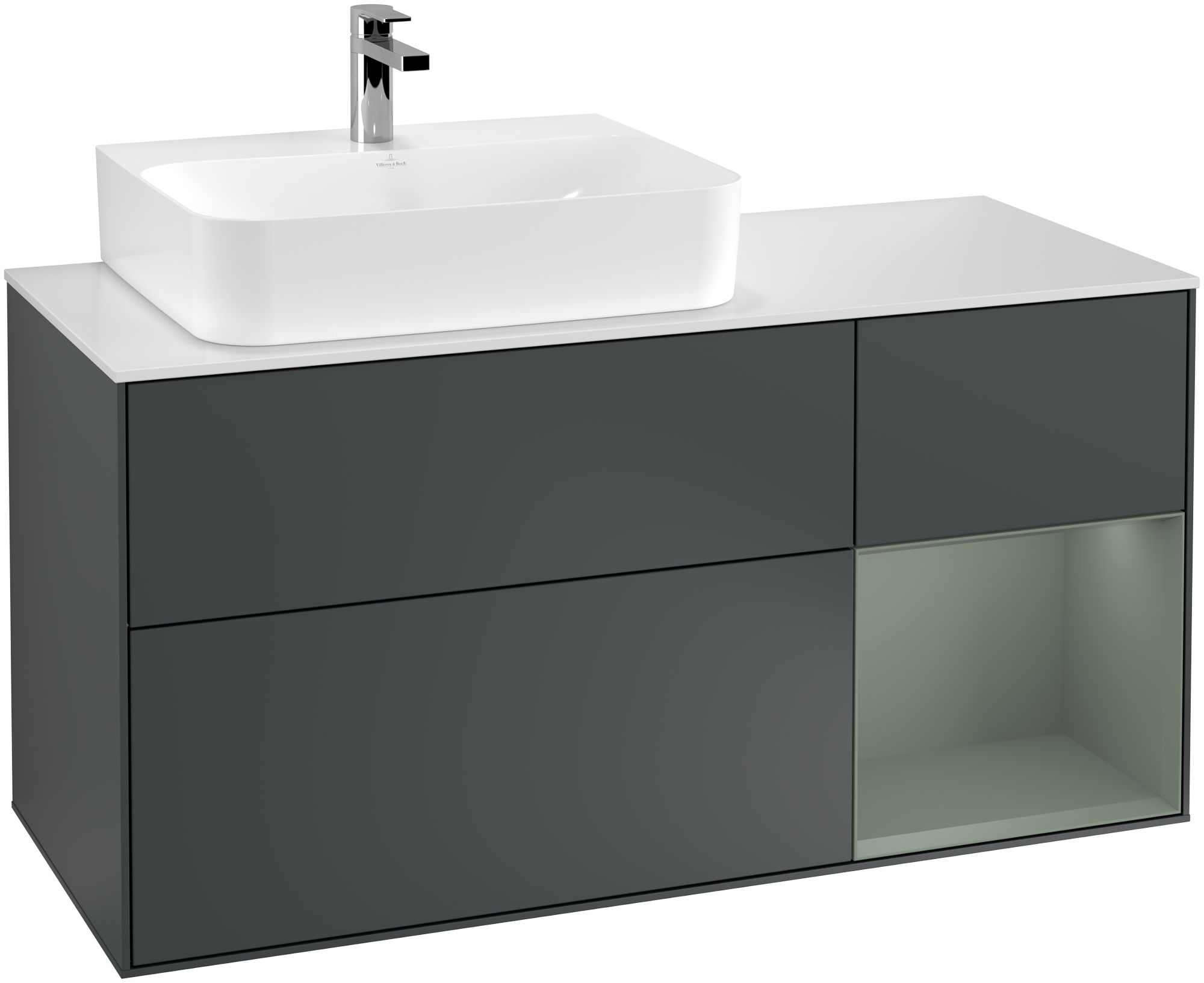 Villeroy & Boch Finion Vanity unit, with lighting, 3 pull-out compartments, 1200x603x501mm, Body: Midnight Blue Matt Lacquer, Front: Midnight Blue Matt Lacquer, Shelf: Olive Matt Lacquer, Cover plate: Glass White Matt